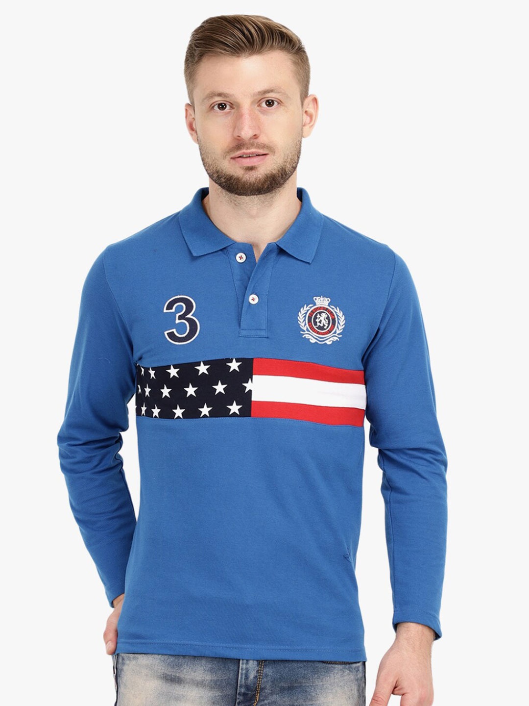 

V-Mart Men Polo Collar Applique Cotton T-shirt, Blue