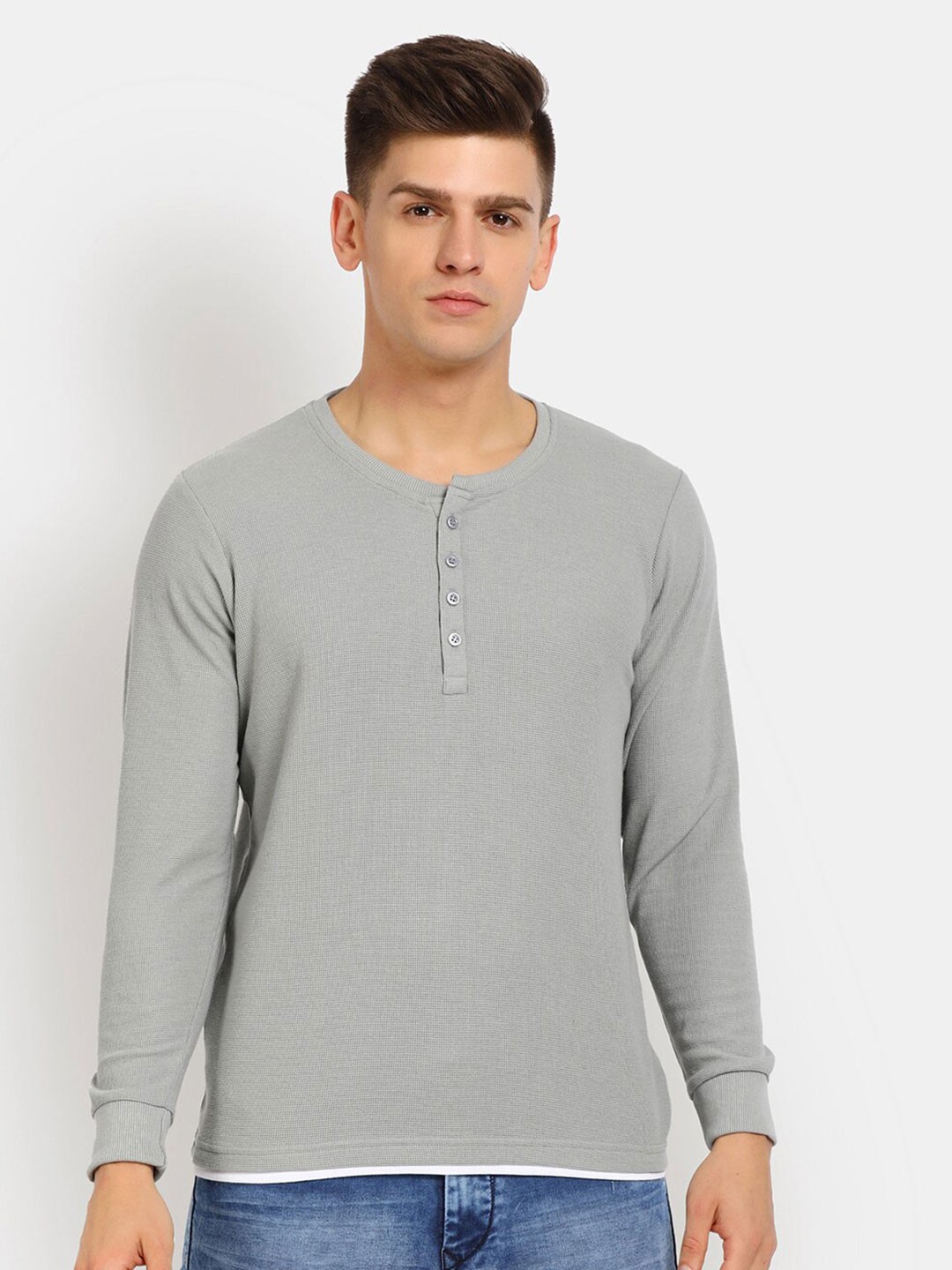 

V-Mart Men Henley Neck Slim Fit T-shirt, Grey