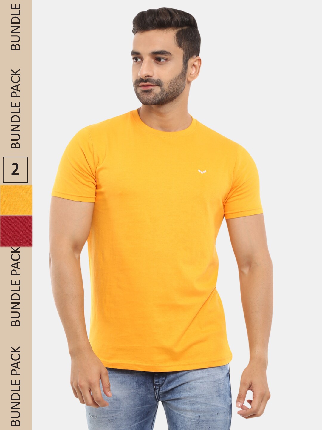 

V-Mart Men Pack Of 2 Cotton T-shirt, Mustard