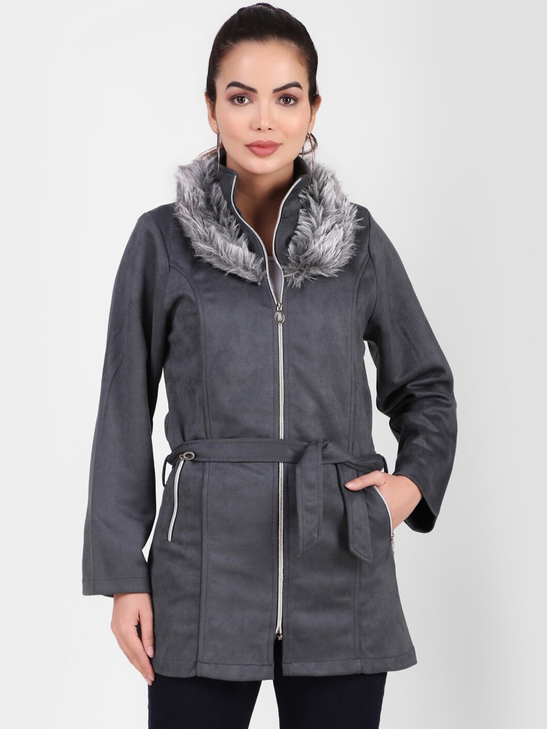 

FNOCKS Women Fleece Longline Parka Jacket, Grey