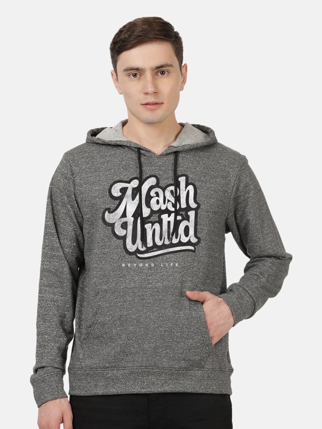 

MASH UNLIMITED Men Printed Hooded Pure Cotton Sweatshirt, Charcoal