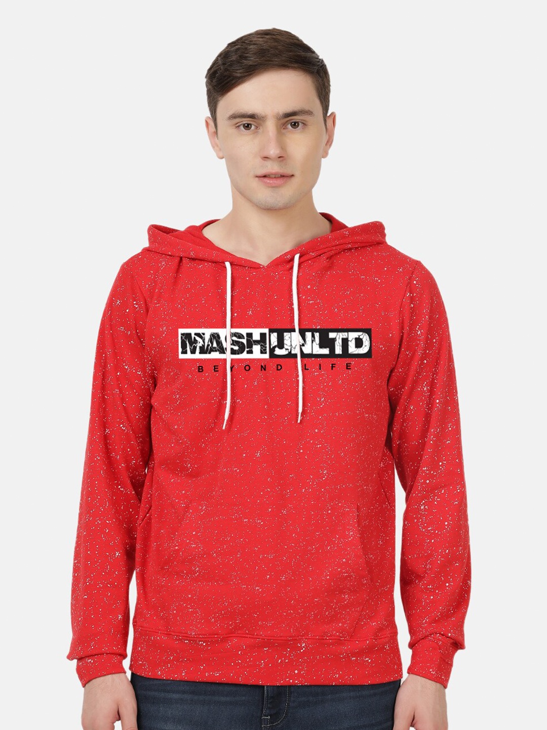 

MASH UNLIMITED Men Printed Hooded Pure Cotton Sweatshirt, Red