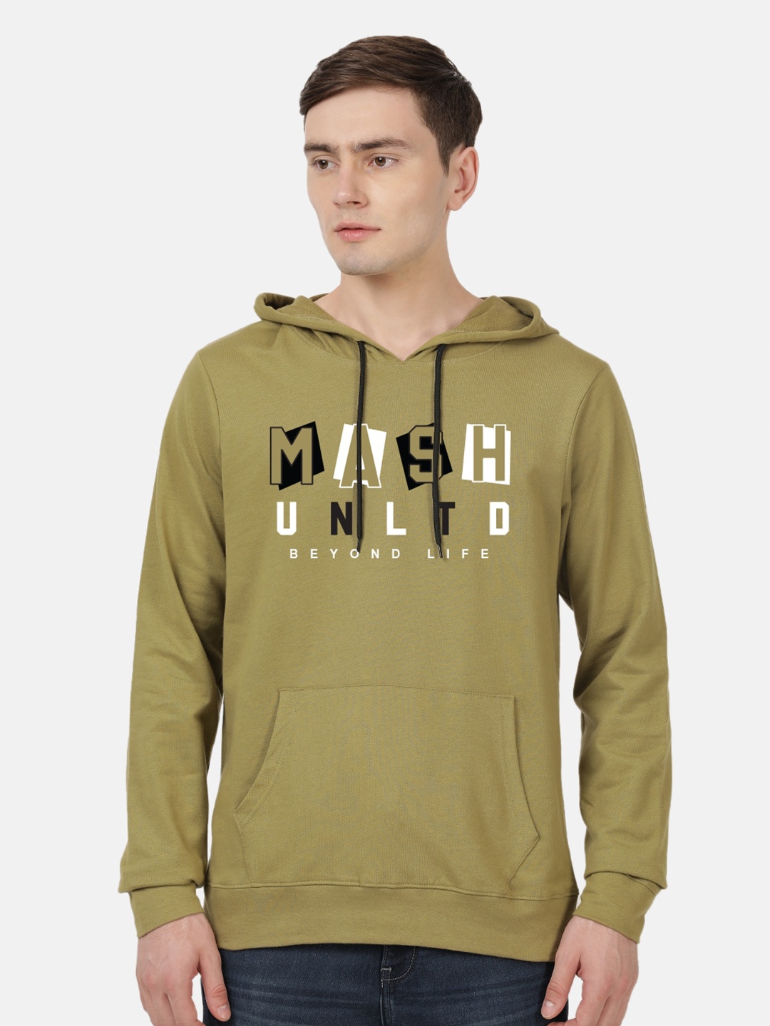 

MASH UNLIMITED Men Printed Hooded Pure Cotton Sweatshirt, Olive