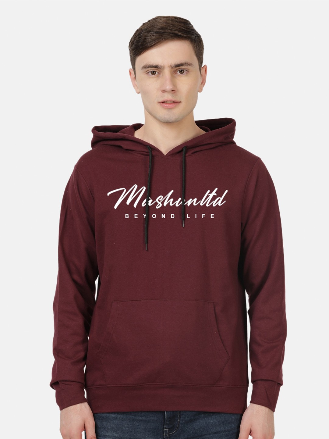 

MASH UNLIMITED Men Printed Hooded Pure Cotton Sweatshirt, Maroon