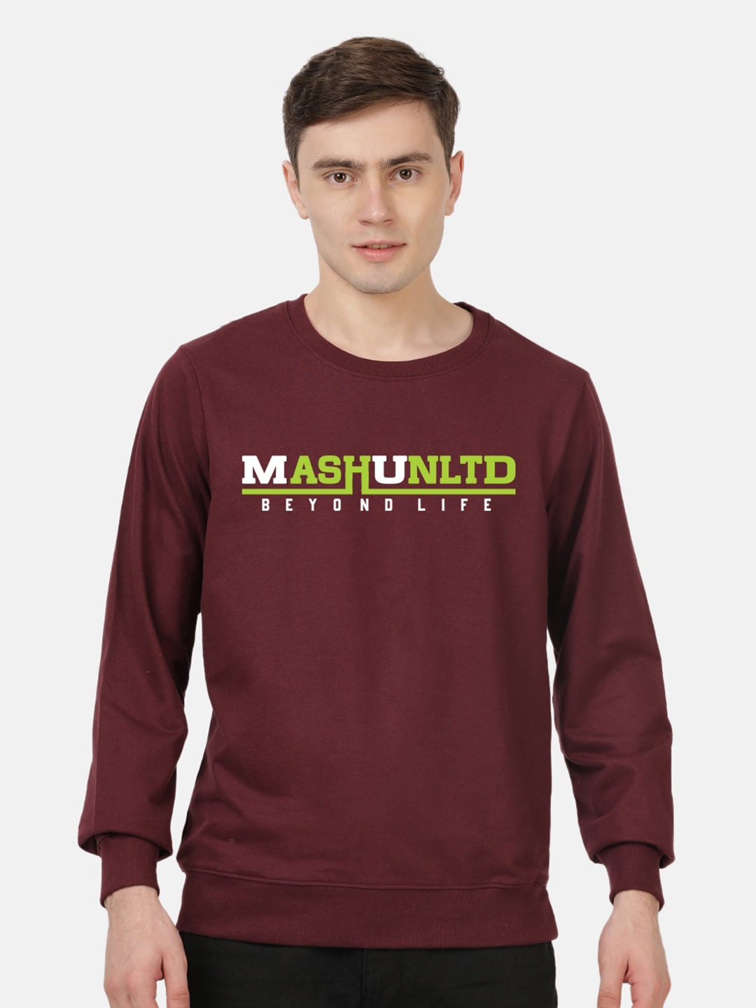 

MASH UNLIMITED Men Printed Pure Cotton Sweatshirt, Maroon