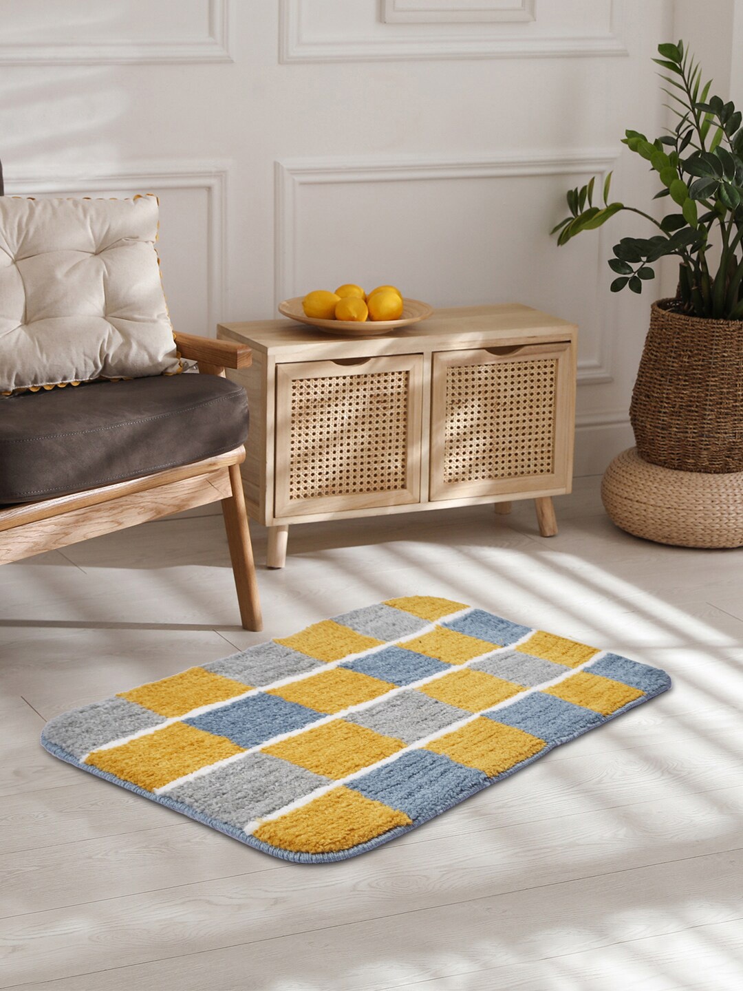 

HomeTown Set Of 2 Mustard Yellow & Grey Self-Design 1400 GSM Anti-Skid Bath Rug