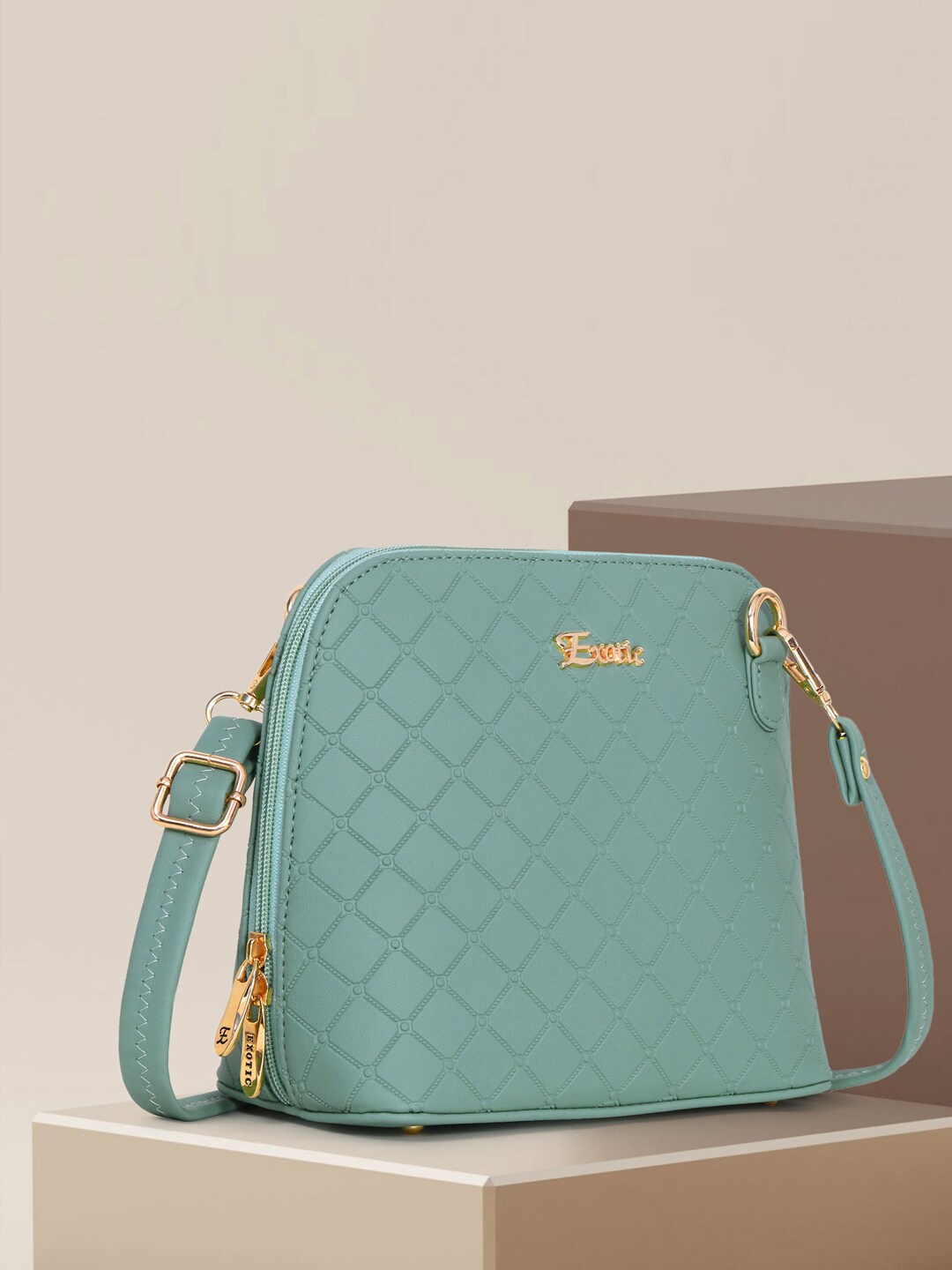 

Exotic Geometric Textured PU Structured Sling Bag, Sea green