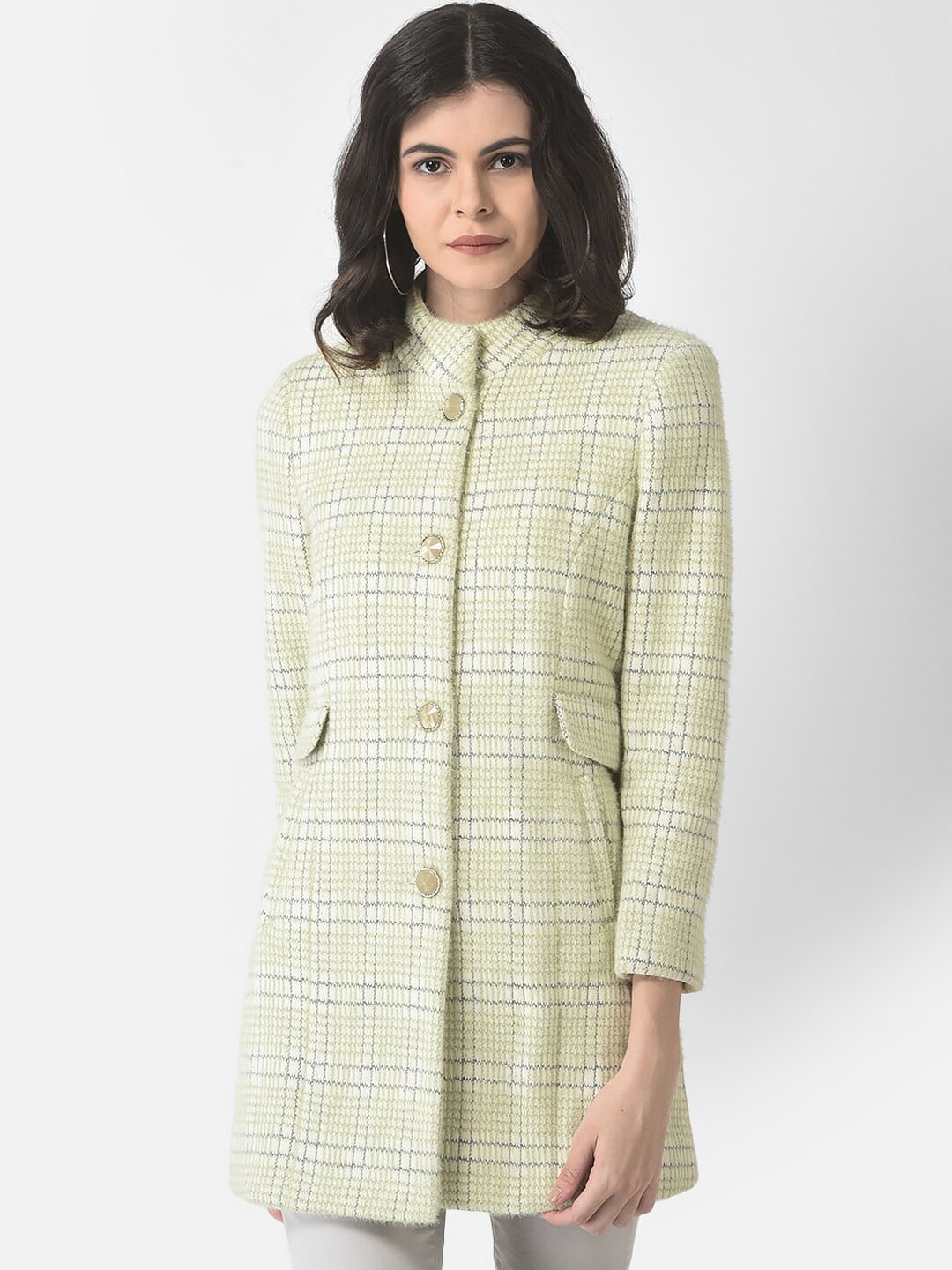 

Crimsoune Club Women Checked Single-Breasted Longline Overcoat, Beige