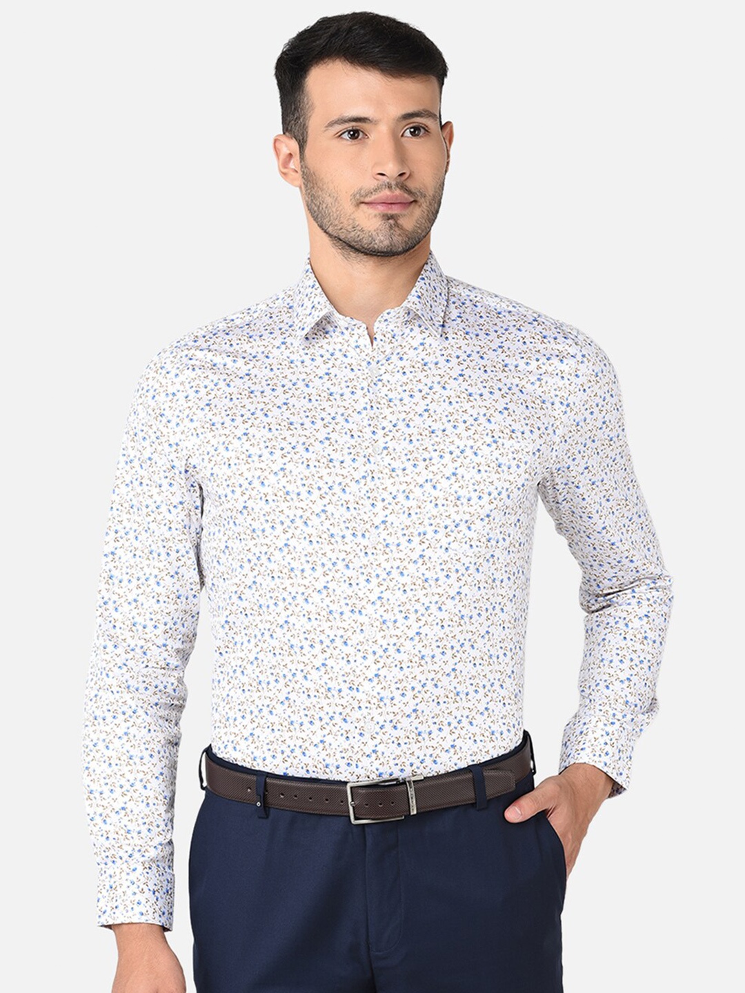 

J Hampstead Men Classic Slim Fit Floral Printed Cotton Formal Shirt, Off white