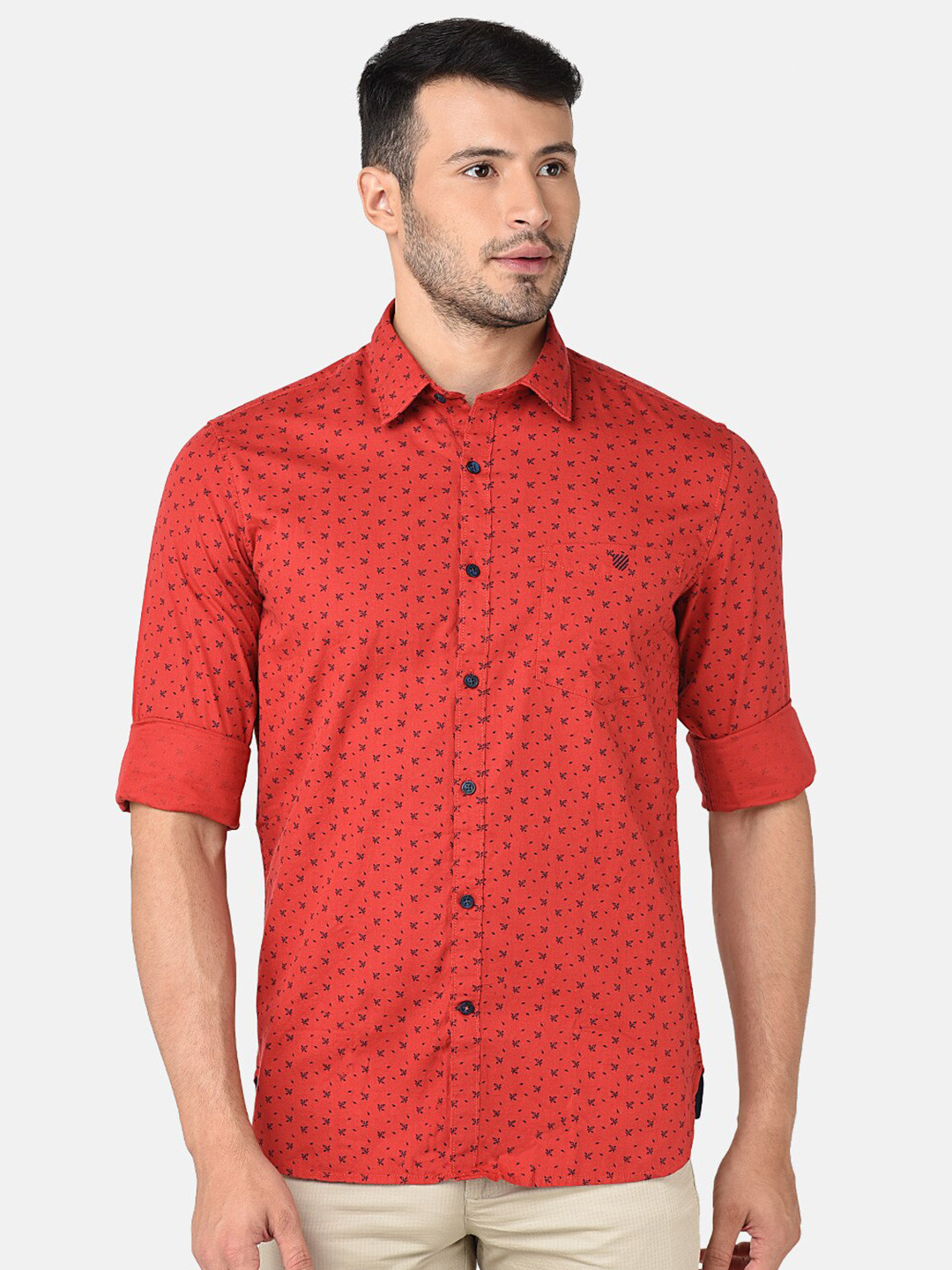 

J Hampstead Men Classic Slim Fit Printed Cotton Casual Shirt, Red