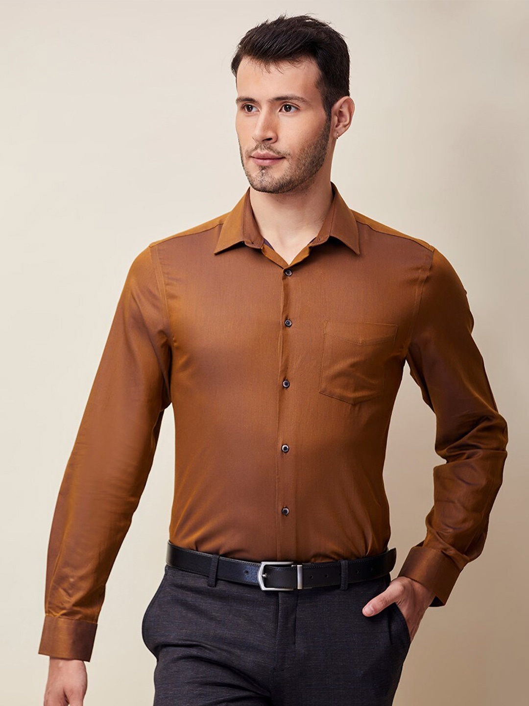 

J Hampstead Men Classic Slim Fit Cotton Formal Shirt, Brown