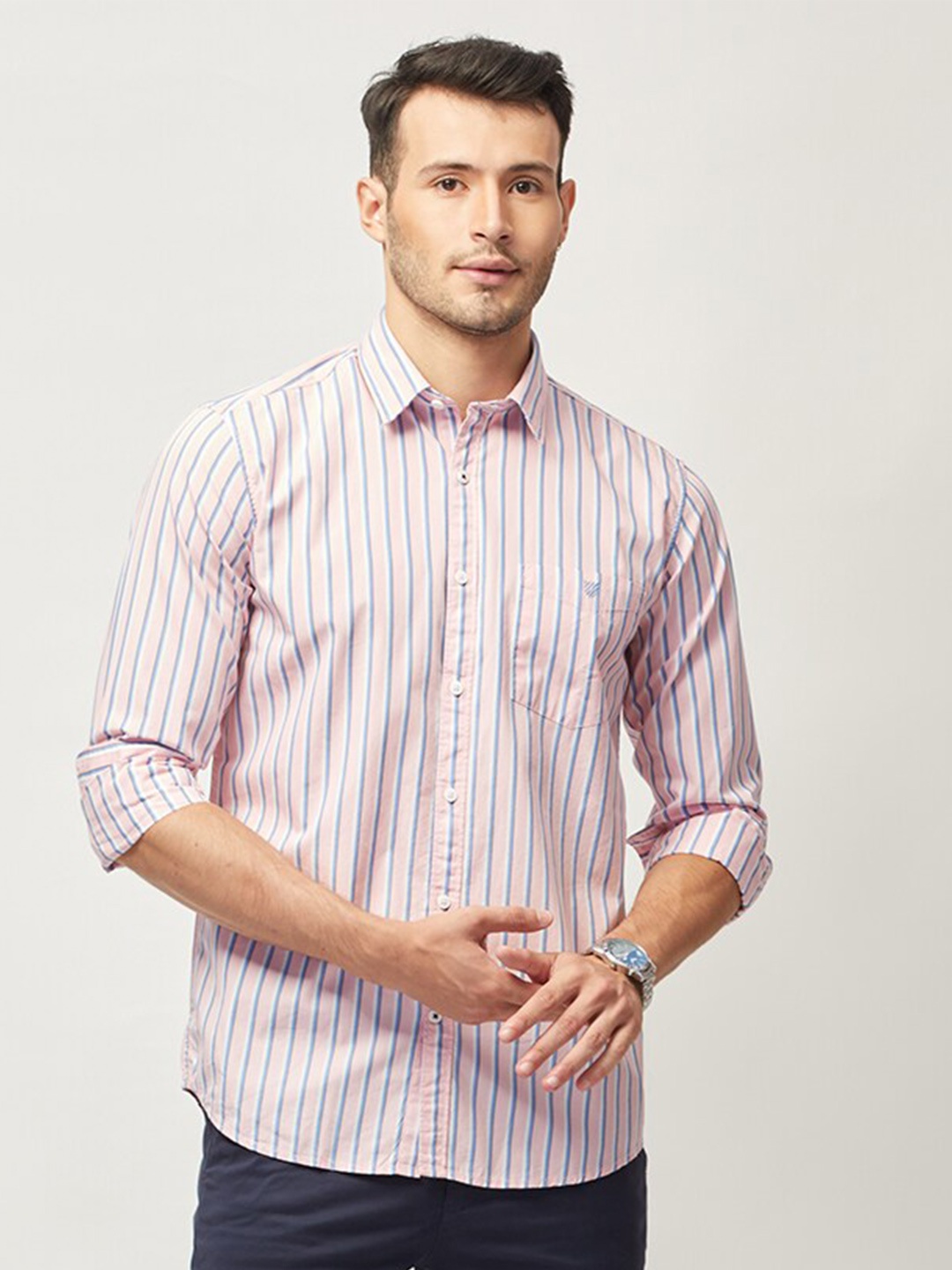 

J Hampstead Men Classic Slim Fit Striped Cotton Casual Shirt, Pink