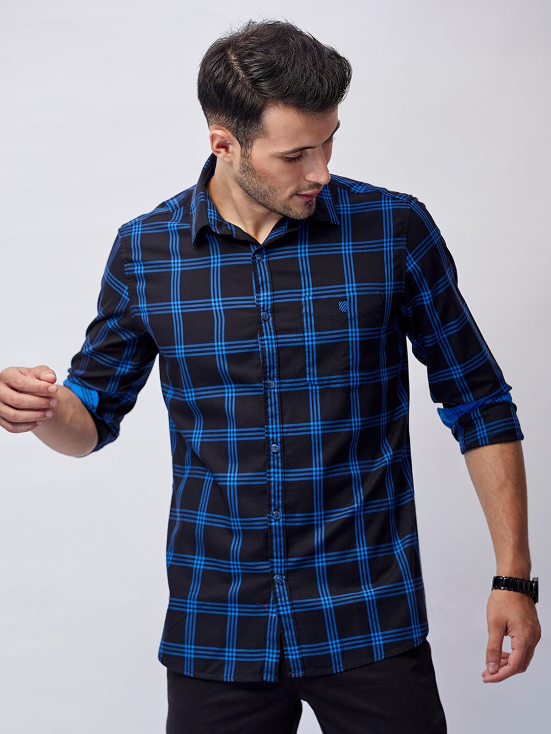 

J Hampstead Men Classic Slim Fit Tartan Checked Cotton Casual Shirt, Black