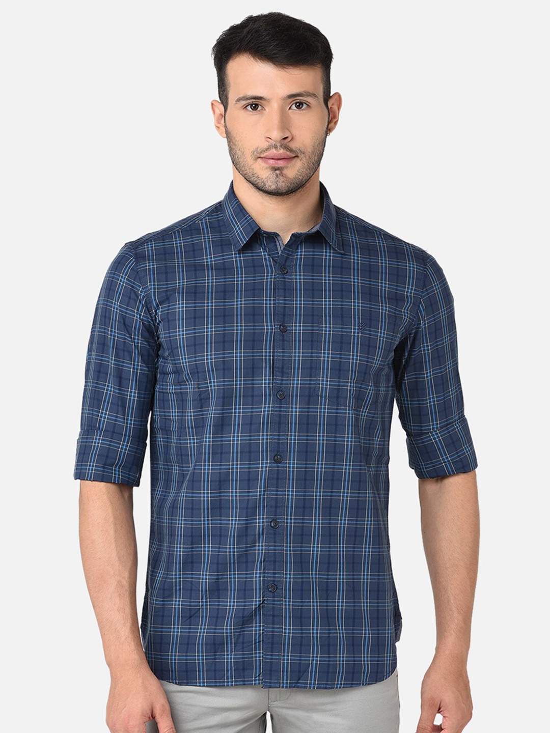 

J Hampstead Men Classic Slim Fit Checked Cotton Casual Shirt, Navy blue
