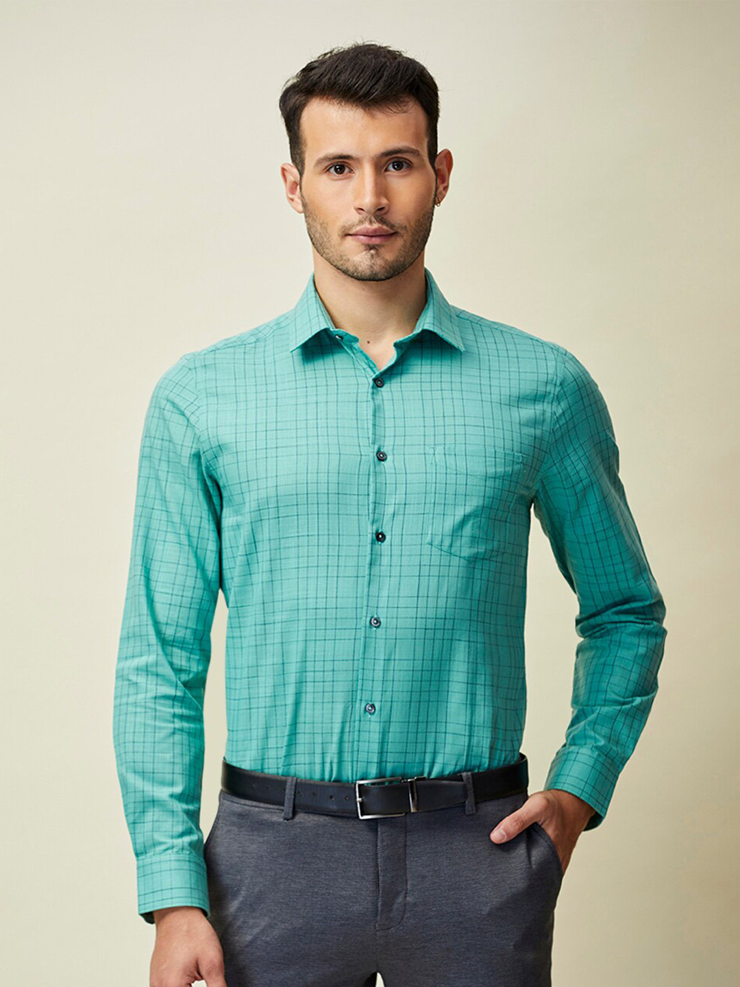 

J Hampstead Men Classic Slim Fit Grid Tattersall Checked Cotton Formal Shirt, Sea green