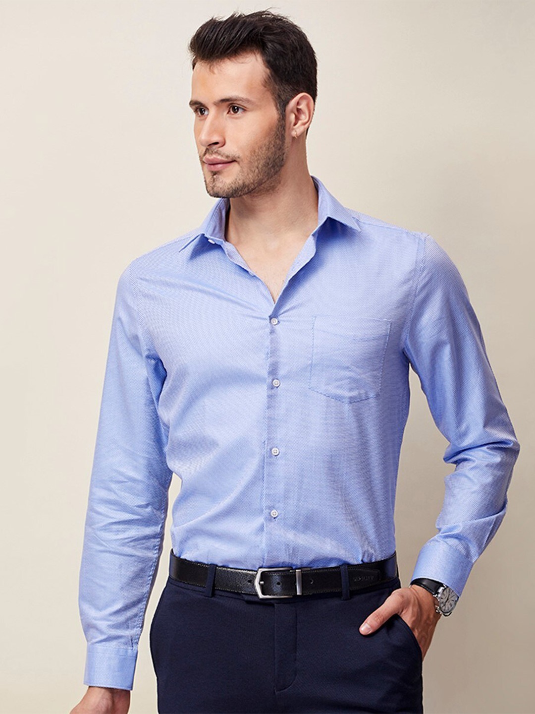 

J Hampstead Men Self Design Cotton Slim Fit Long Sleeves Formal Shirt, Blue