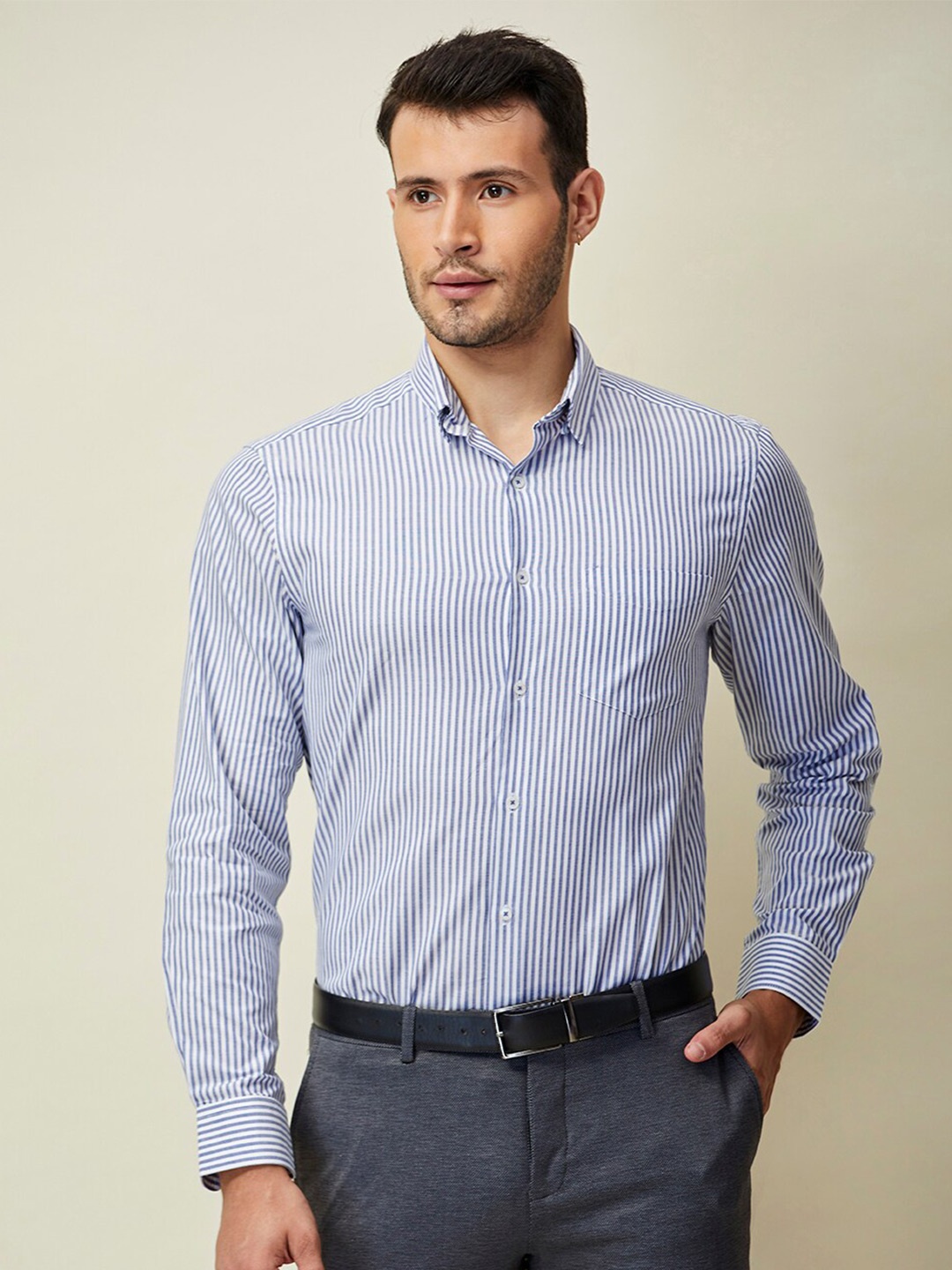 

J Hampstead Men Striped Cotton Slim Fit Formal Shirt, Navy blue