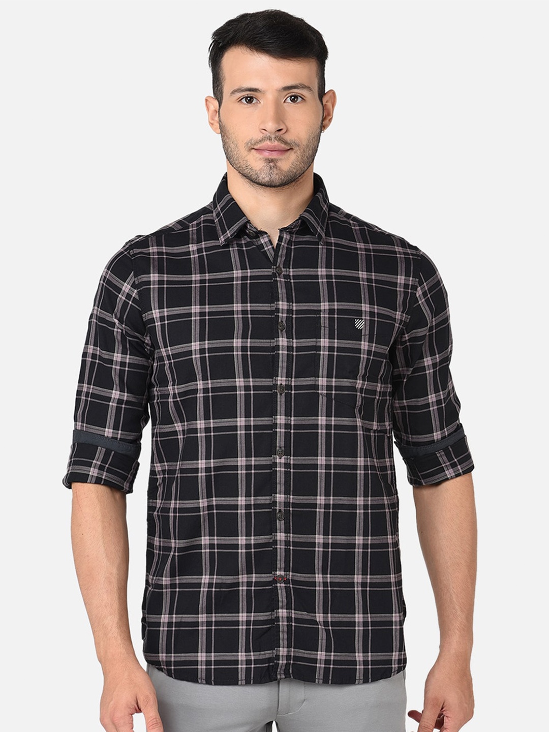 

J Hampstead Men Classic Slim Fit Tartan Checked Casual Shirt, Black