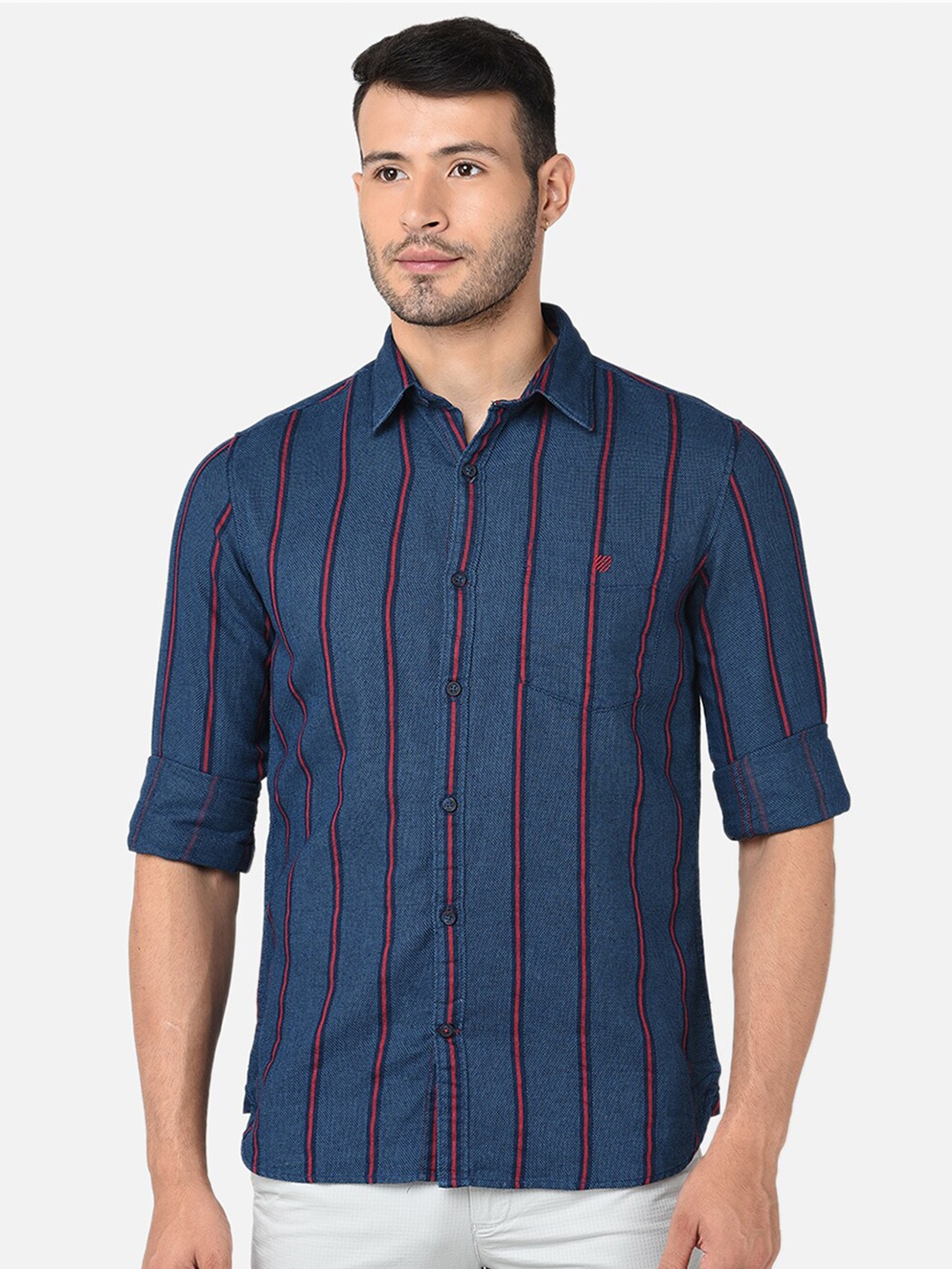 

J Hampstead Men Classic Slim Fit Striped Cotton Casual Shirt, Navy blue