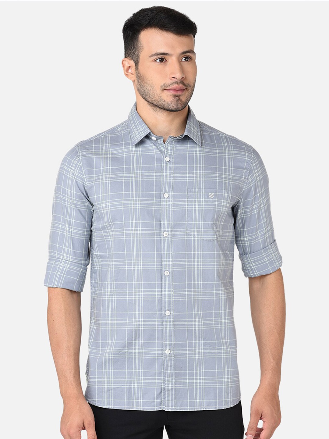 

J Hampstead Men Classic Slim Fit Checked Cotton Casual Shirt, Grey