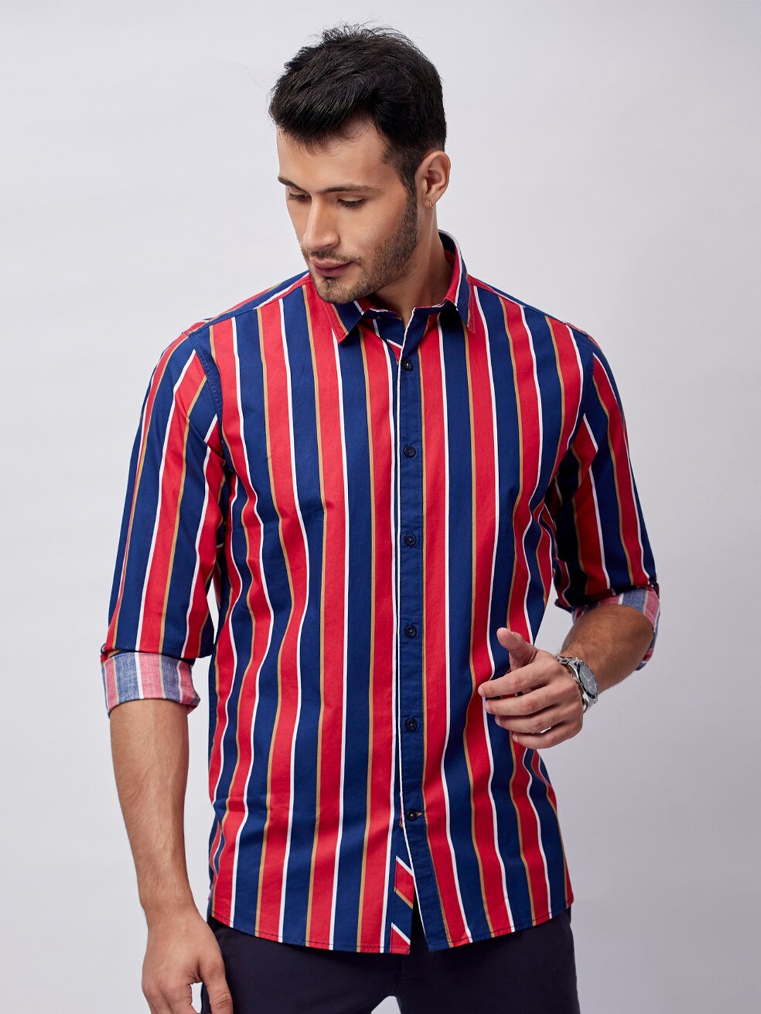 

J Hampstead Men Red Classic Slim Fit Striped Cotton Casual Shirt