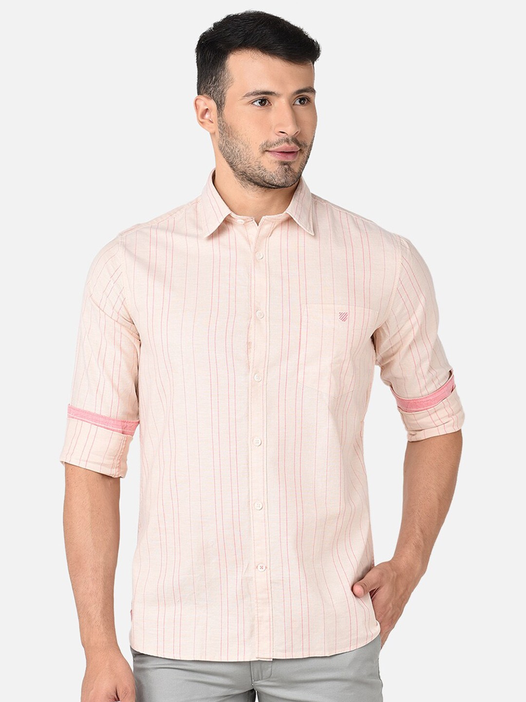 

J Hampstead Men Classic Slim Fit Striped Cotton Casual Shirt, Beige