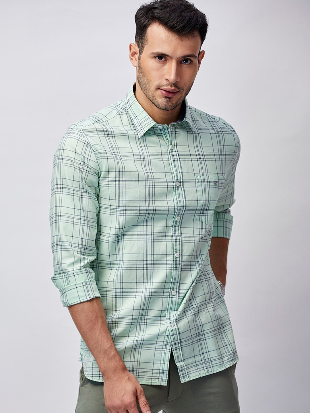 

J Hampstead Men Classic Slim Fit Tartan Checks Cotton Casual Shirt, Green
