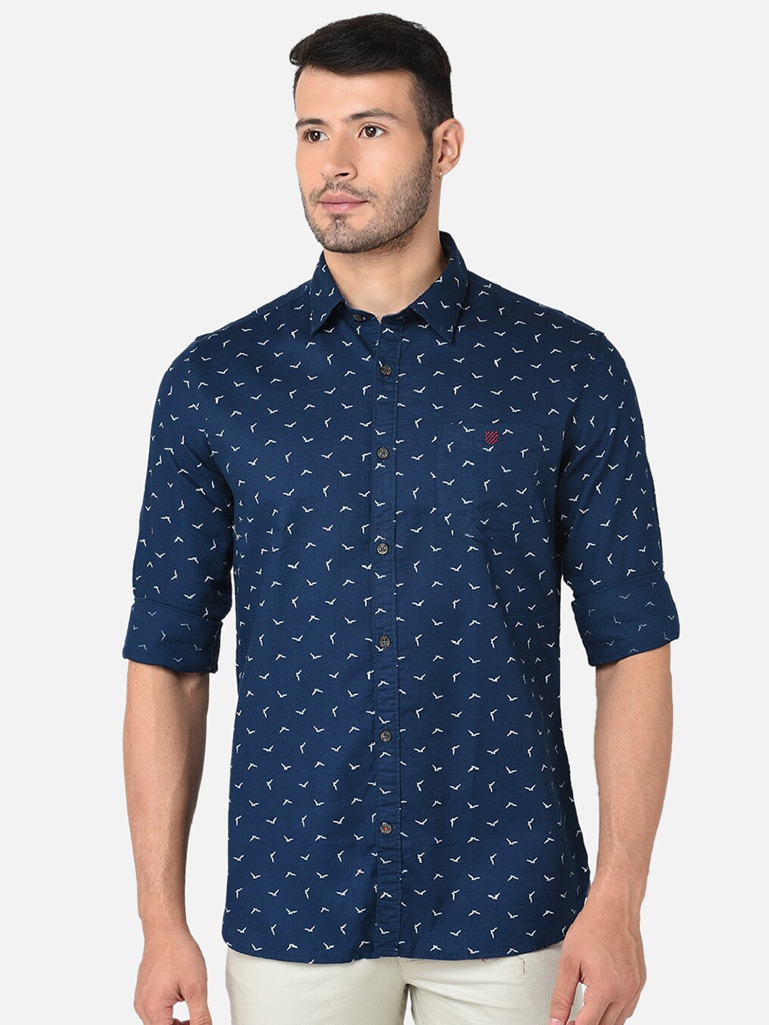 

J Hampstead Men Classic Slim Fit Printed Cotton Casual Shirt, Navy blue