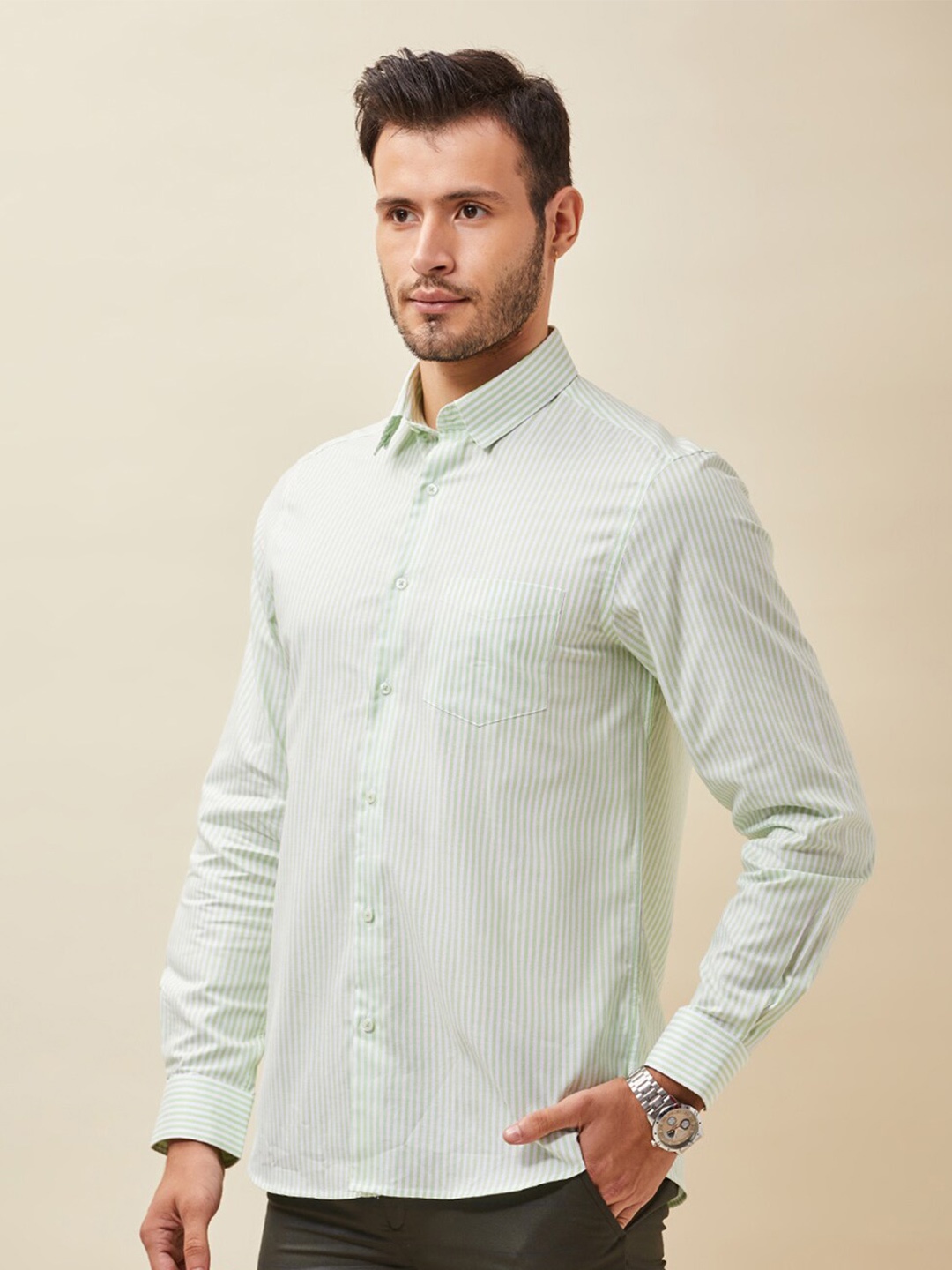 

J Hampstead Men Classic Slim Fit Striped Cotton Casual Shirt, Green