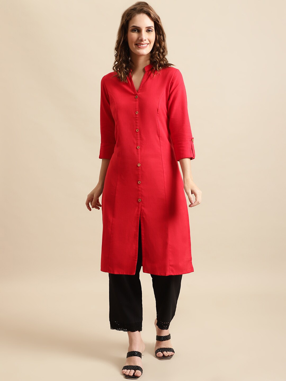 

Pistaa Women Band Collar Cotton Kurta, Red