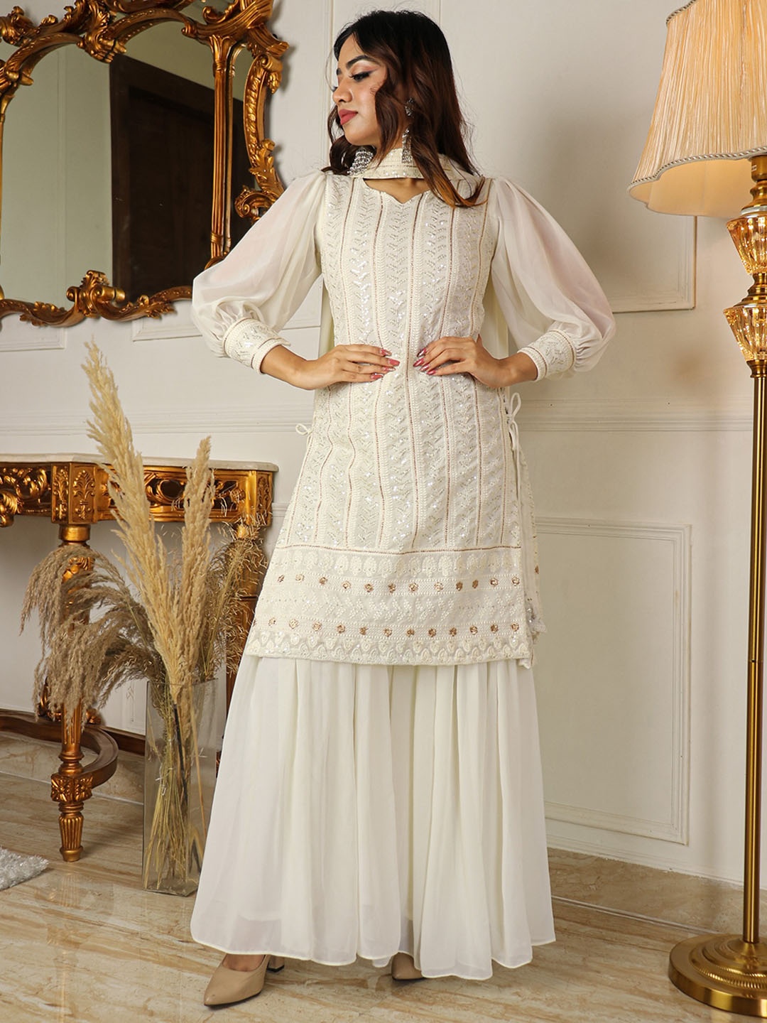 

Virah Fashion Women Floral Sequinned Embroidered Kurta With Sharara & Dupatta, Cream