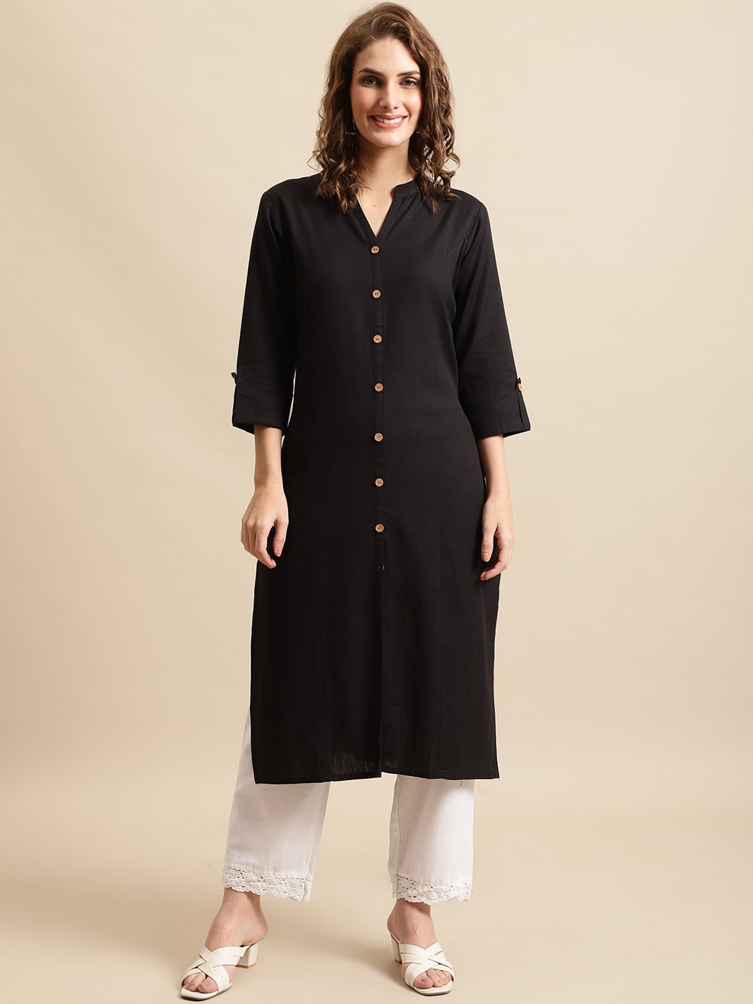 

Pistaa Mandarin Collar Straight Regular Pure Cotton Kurta, Black