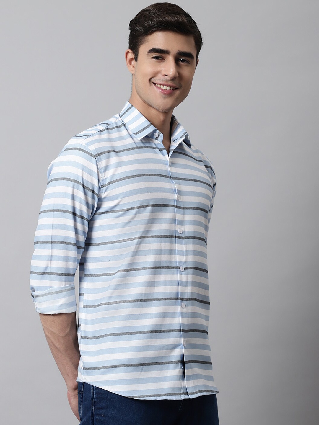 

JAINISH Men Cotton Classic Horizontal Stripes Striped Casual Shirt, Turquoise blue