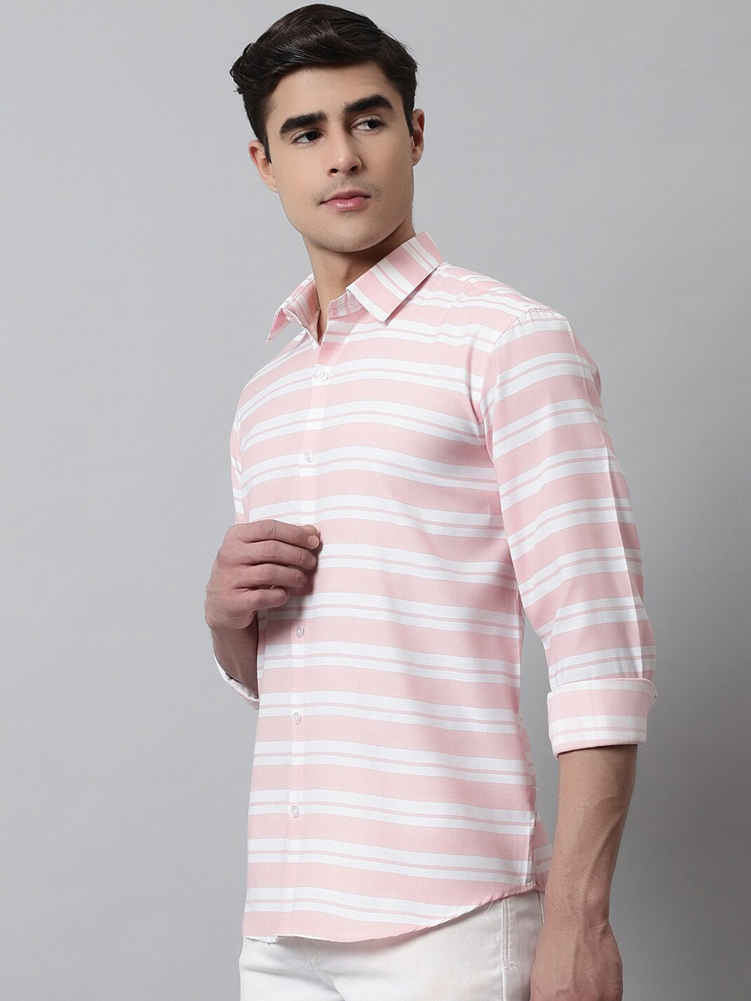 

JAINISH Men Cotton Classic Horizontal Stripes Striped Casual Shirt, Peach