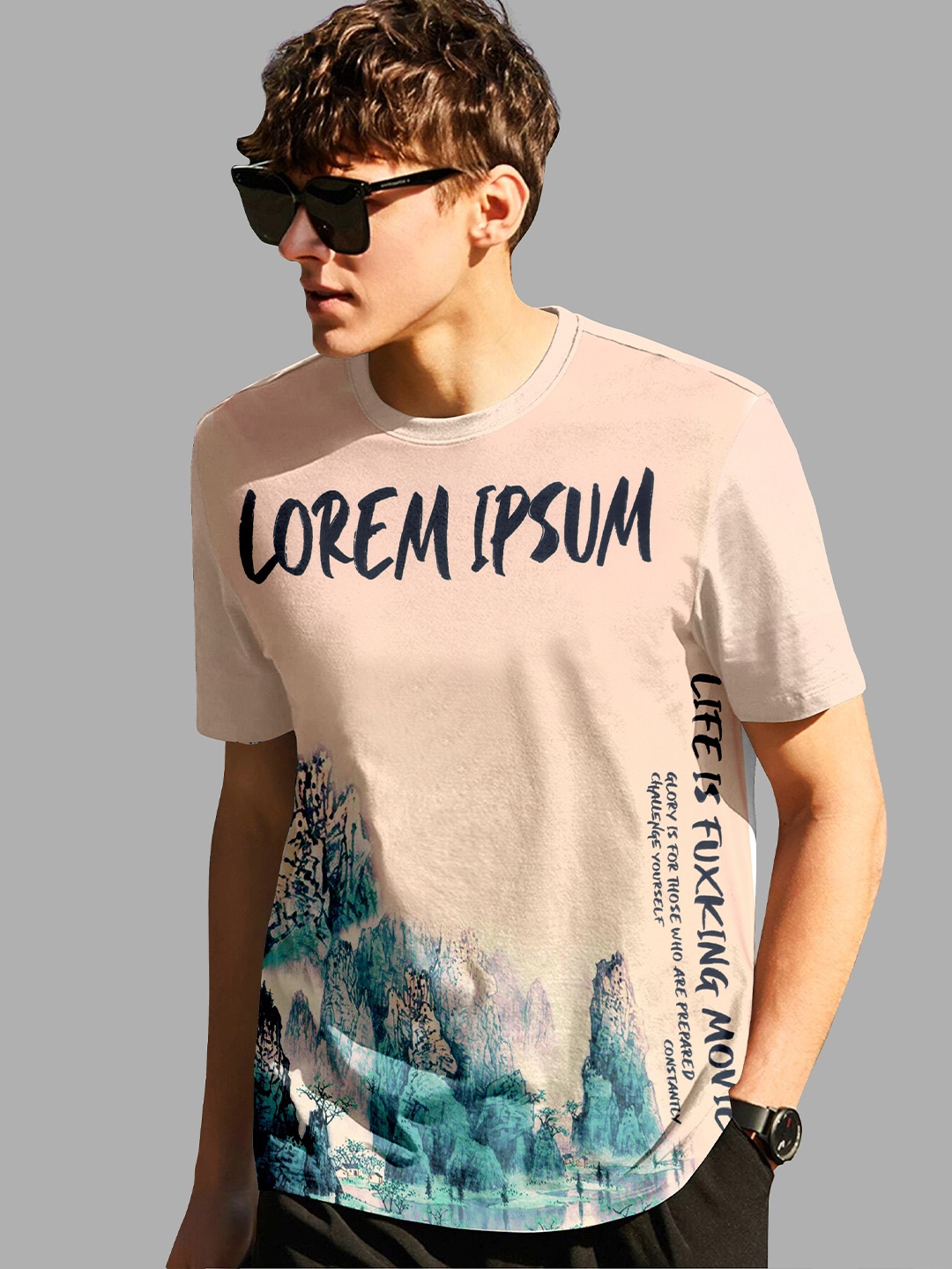 

Fashion FRICKS Men Graphic Printed Loose T-shirt, Pink