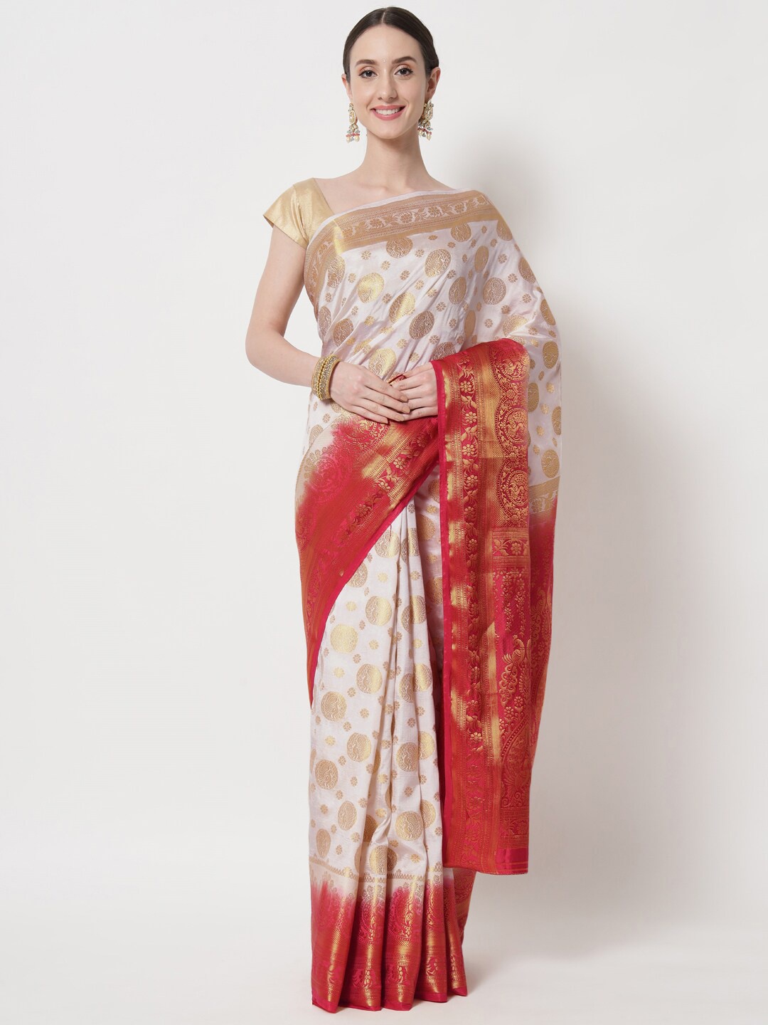 

B4ME COM Ethnic Motifs Zari Tissue Kanjeevaram Saree, White