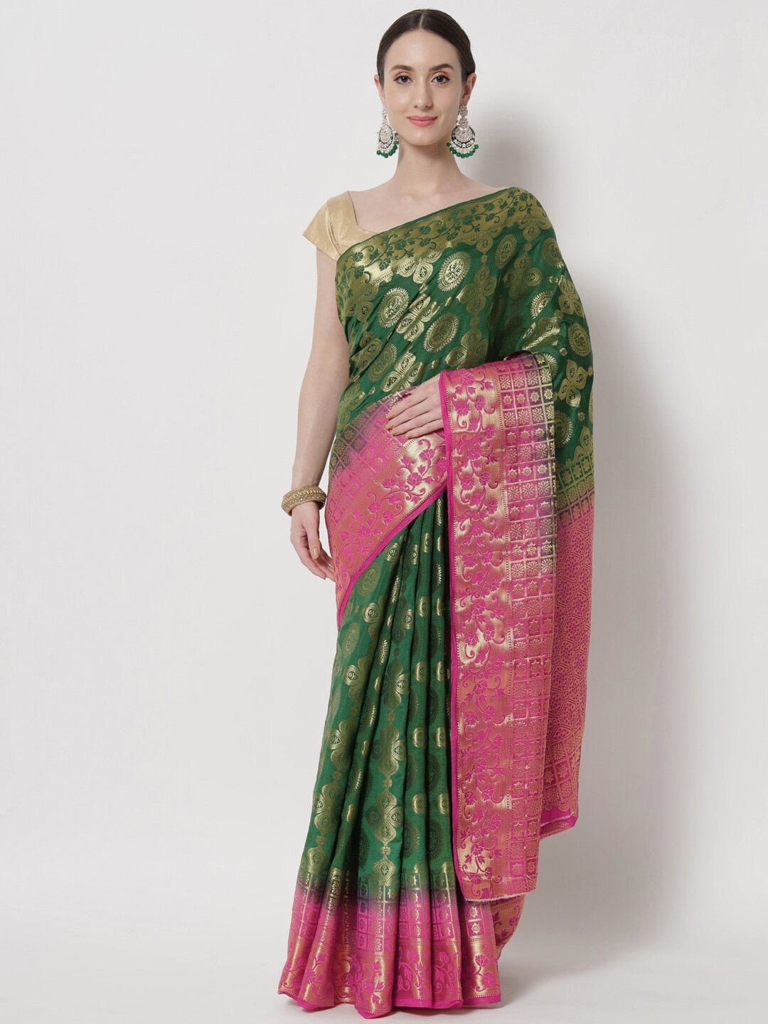 

B4ME COM Ethnic Motifs Zari Tissue Kanjeevaram Saree, Green