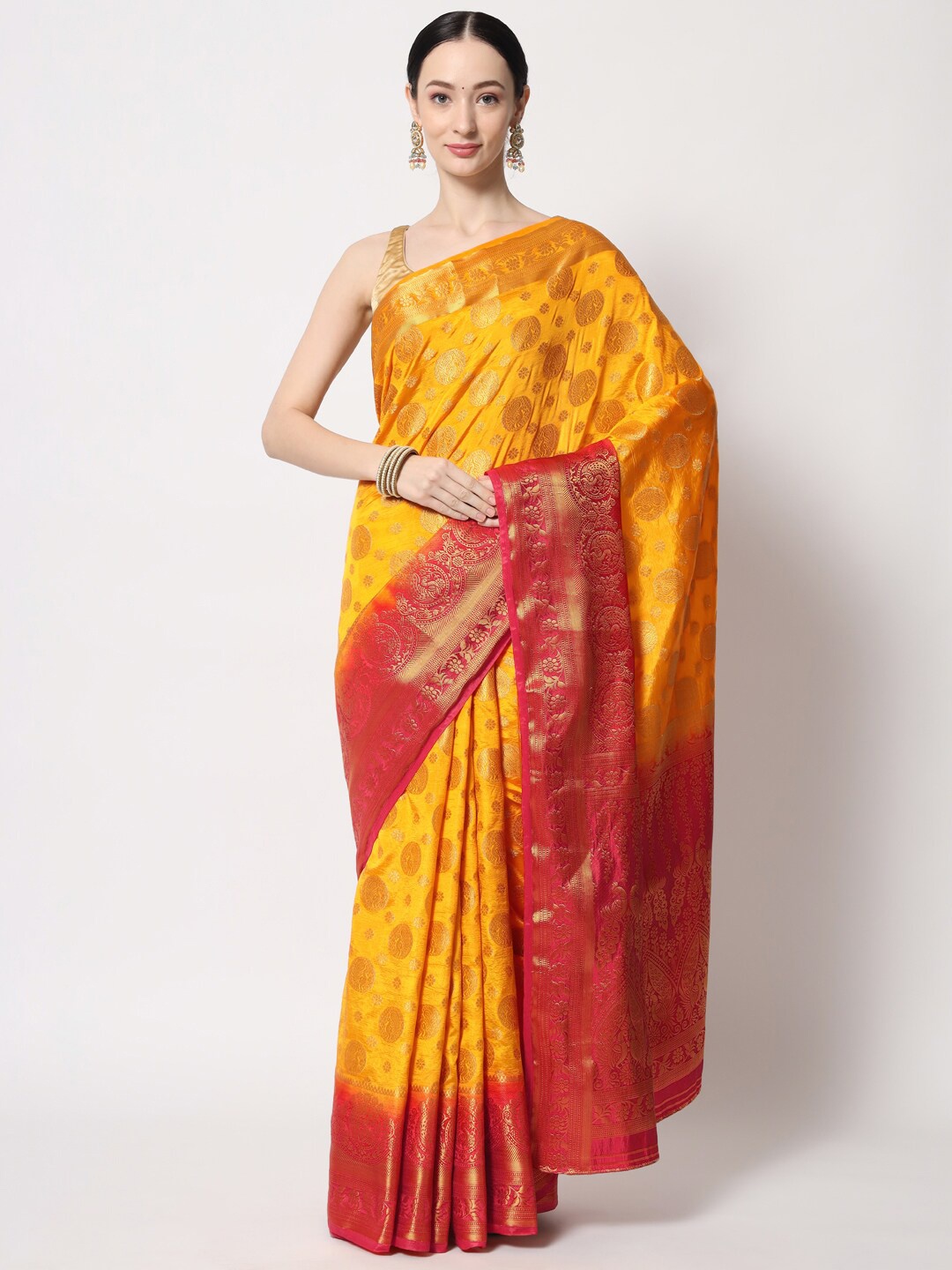 

B4ME COM Ethnic Motifs Zari Tissue Kanjeevaram Saree, Yellow