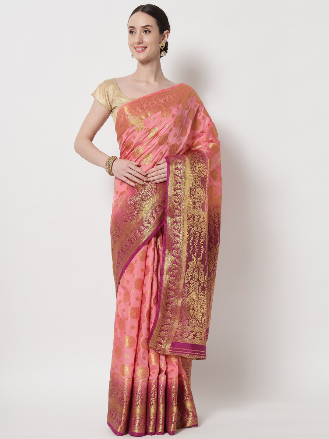 

B4ME COM Ethnic Motifs Zari Tissue Kanjeevaram Saree, Peach