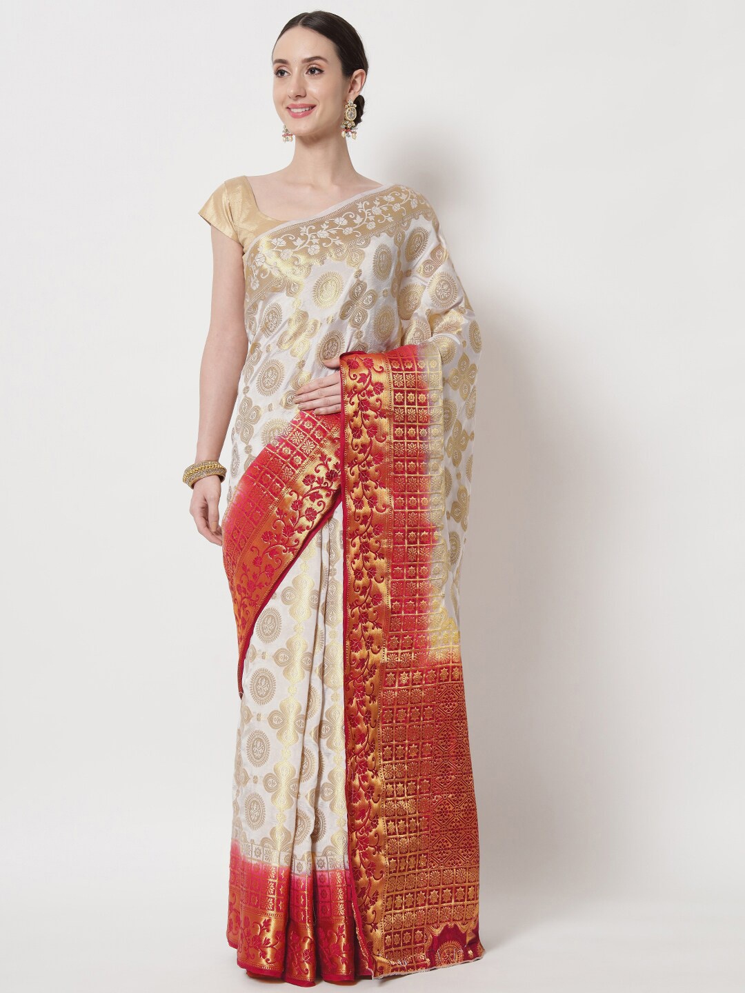 

B4ME COM Ethnic Motifs Zari Tissue Ready to Wear Kanjeevaram Saree, Red