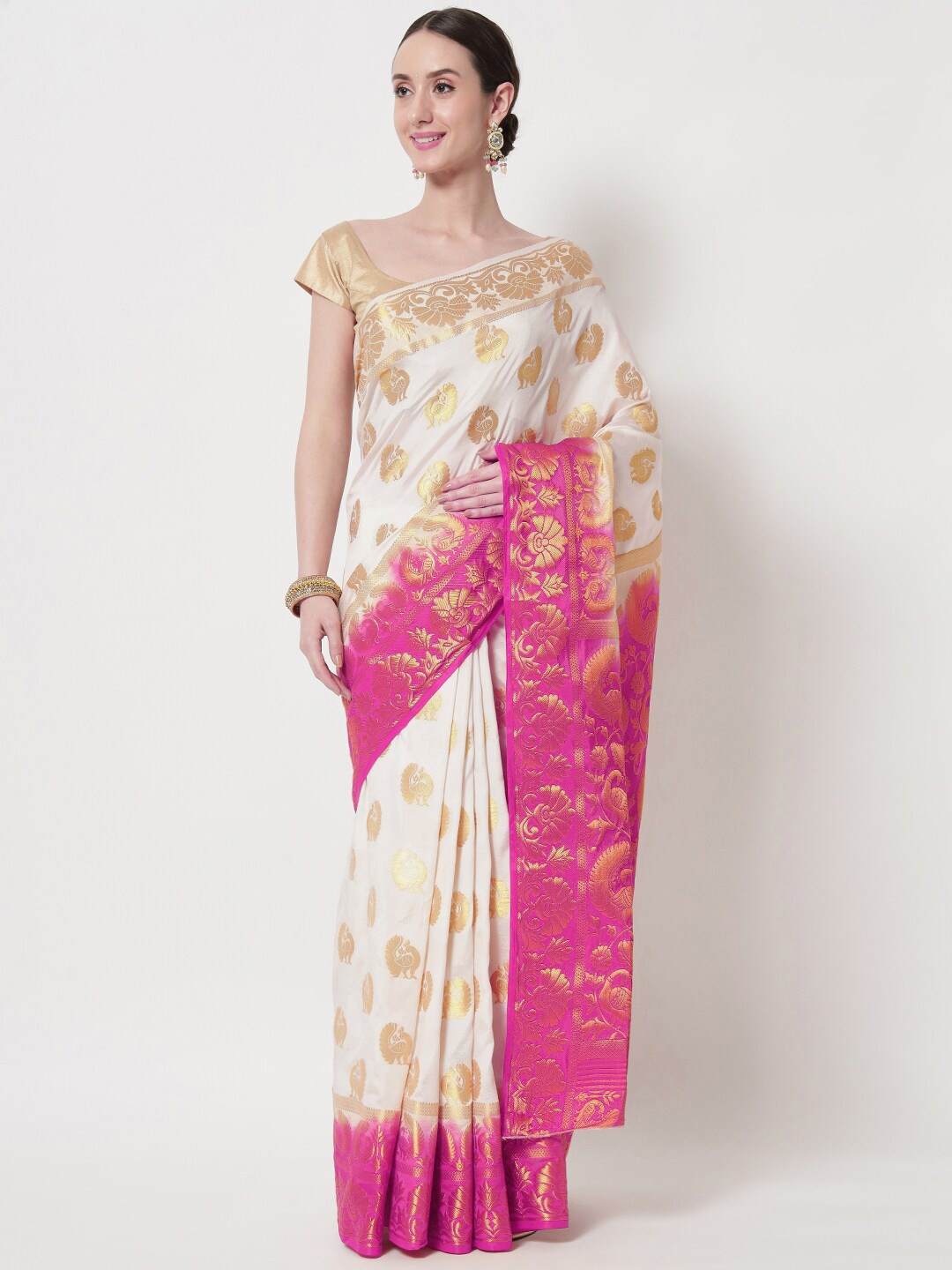 

B4ME COM Ethnic Motifs Zari Tissue Kanjeevaram Saree, Pink