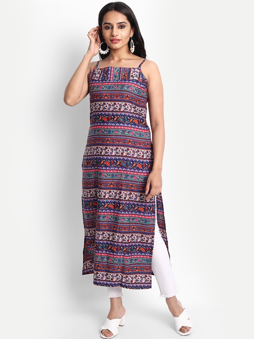 ISAM Shoulder Straps Ethnic Motifs Printed Crepe Kurta, Brown