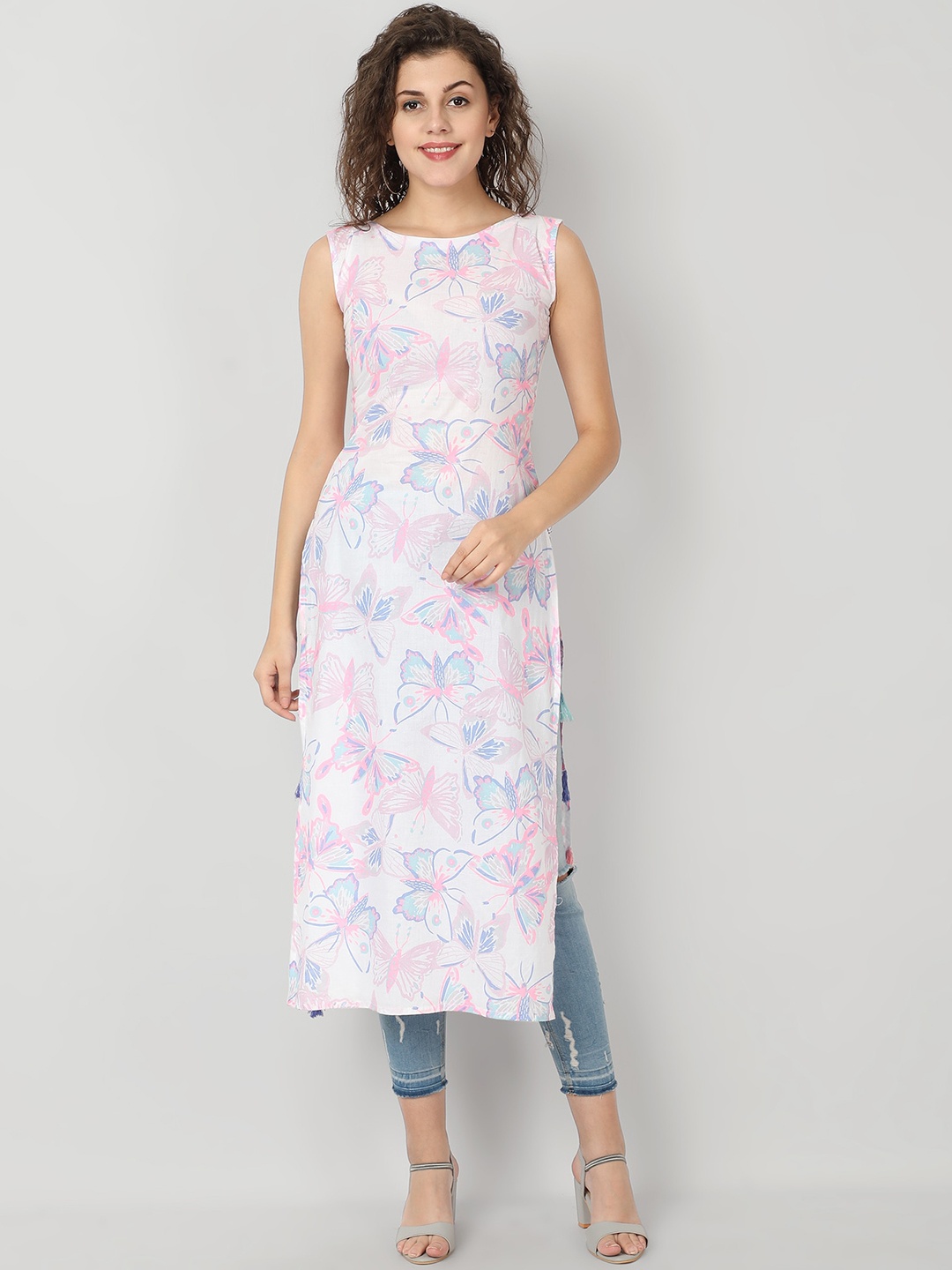 

ISAM Boat Neck Ethnic Motifs Printed Pure Cotton Kurta, White