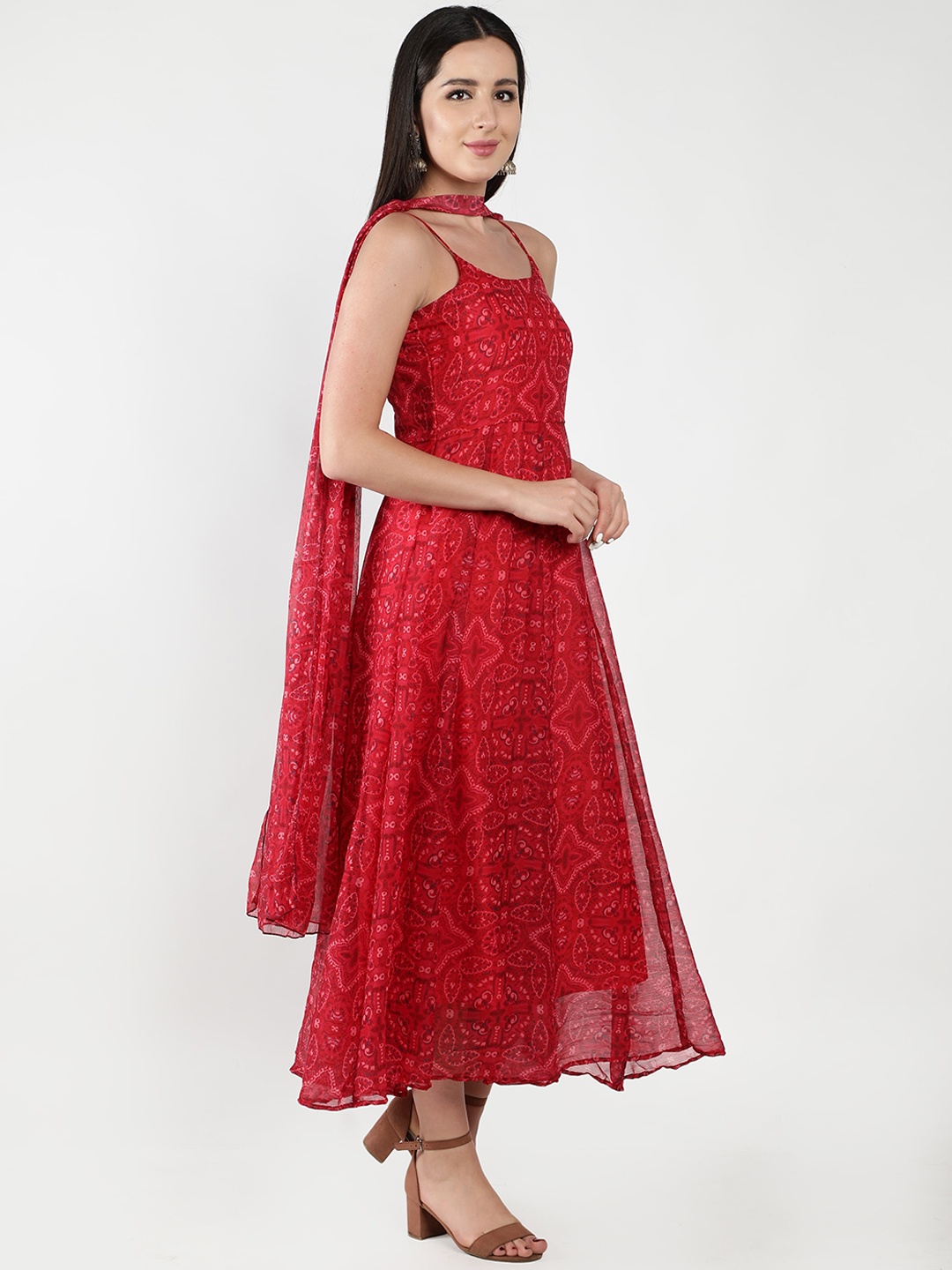 

ISAM Shoulder Straps Ethnic Motifs Printed Anarkali Kurta With Dupatta, Red