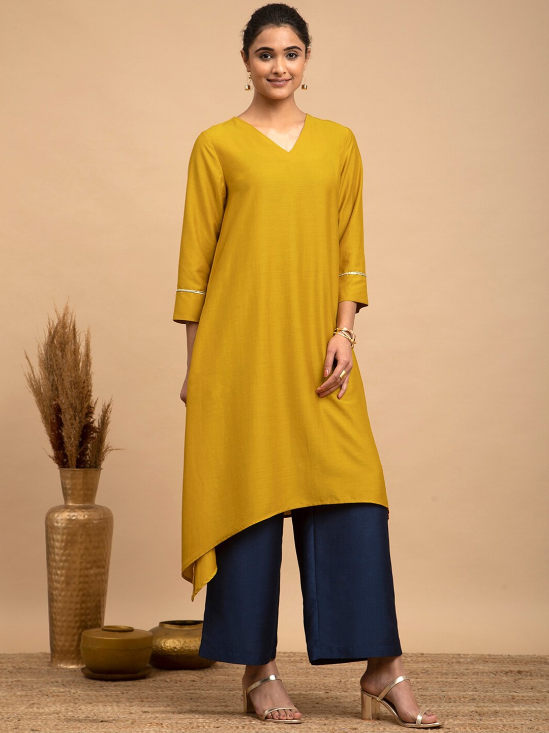 

Pink Fort Asymmetric V-Neck Kurta, Mustard