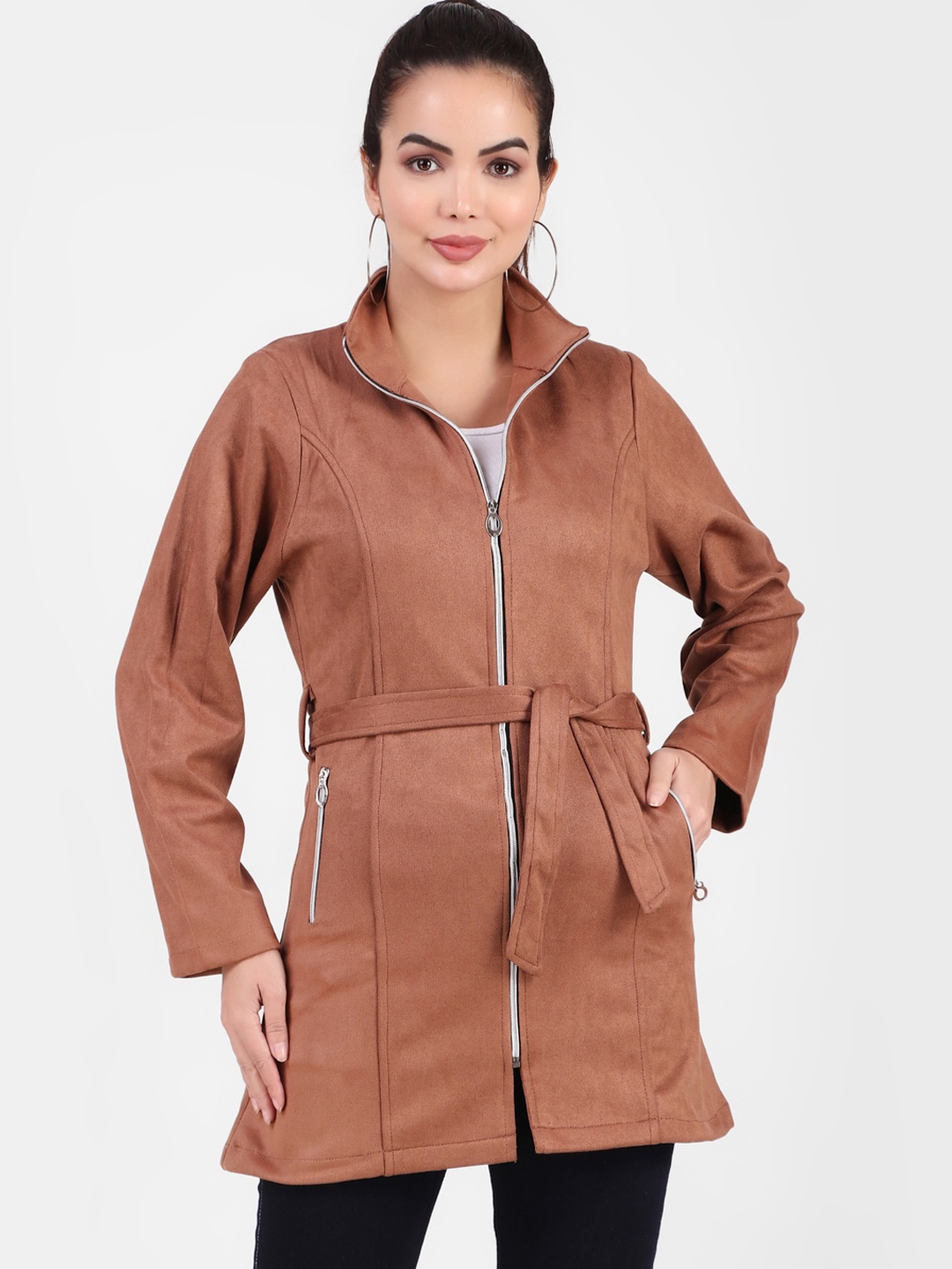 

FNOCKS Women Solid Fleece Longline Open Front Jacket, Brown