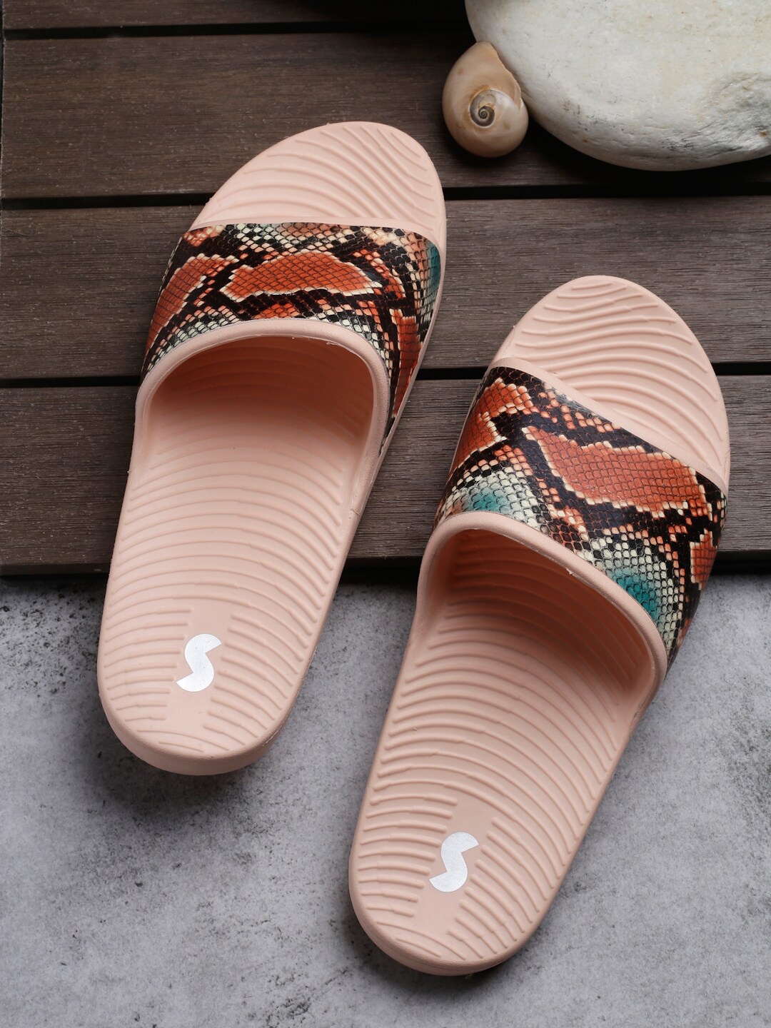 

Solethreads Women CLARIE Printed Lightweight Waterproof Everyday Slides, Peach