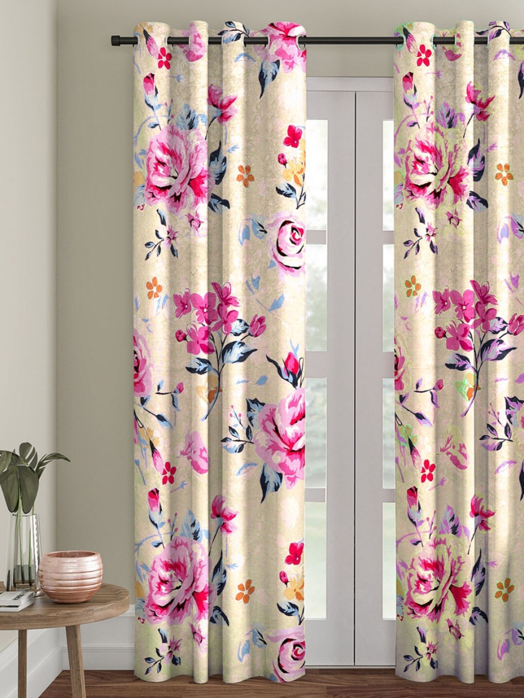 

ROMEE Cream-Coloured & Pink Floral Room Darkening Velvet Door Curtain