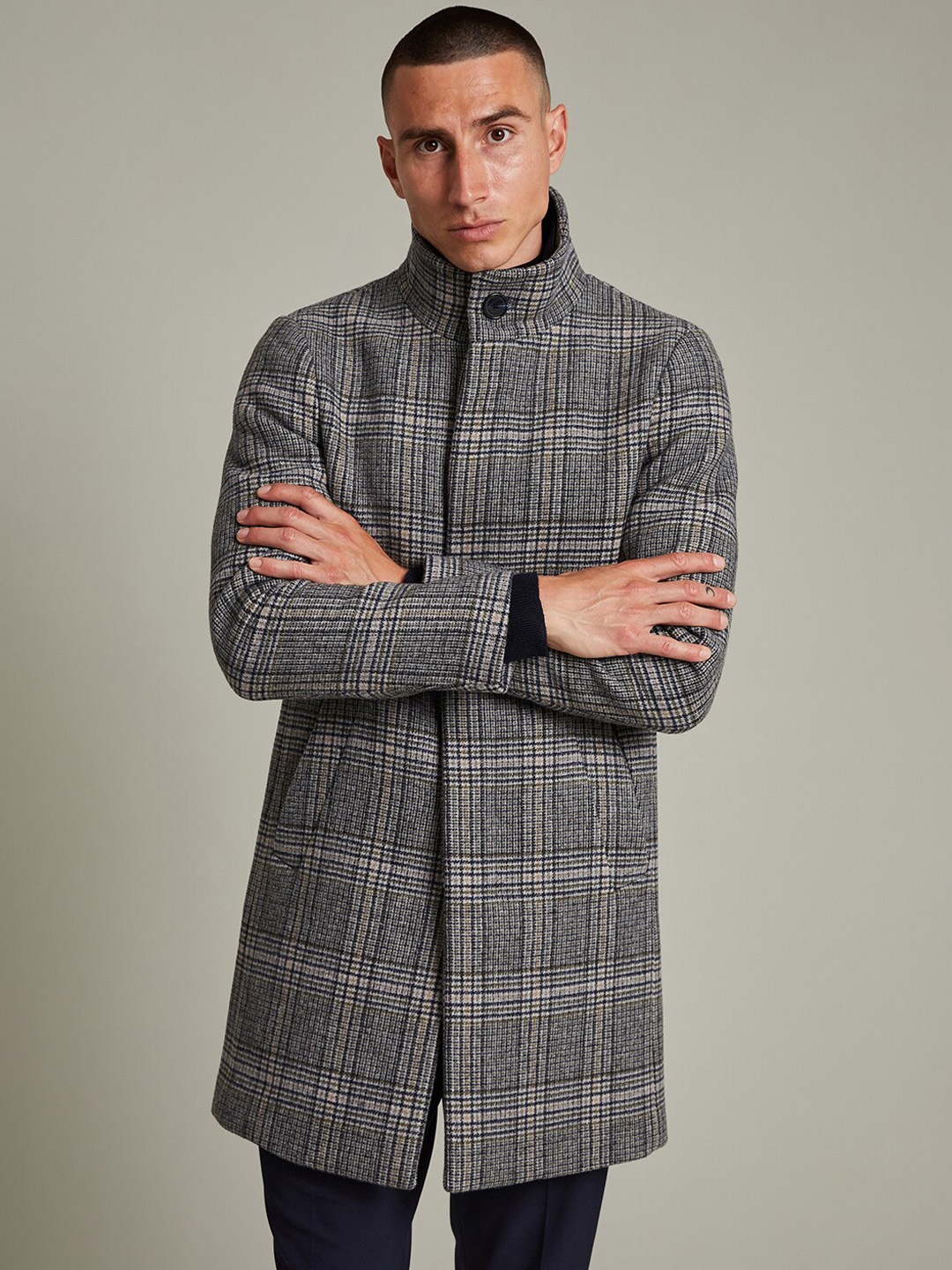 

Matinique Men Checks Stand Collar Longline Overcoat, Grey