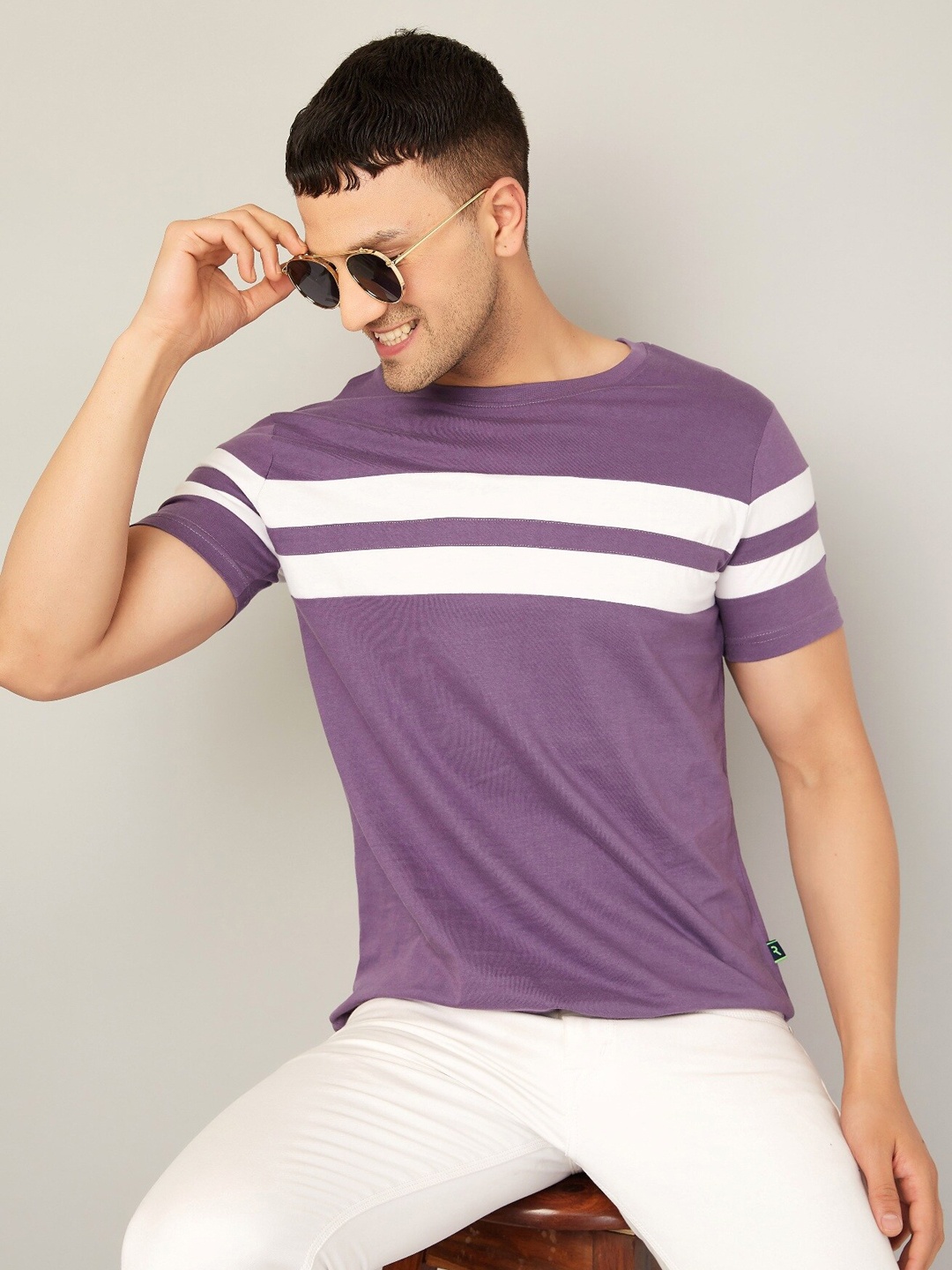 

Rodzen Men Striped Printed Cotton T-shirt, Purple